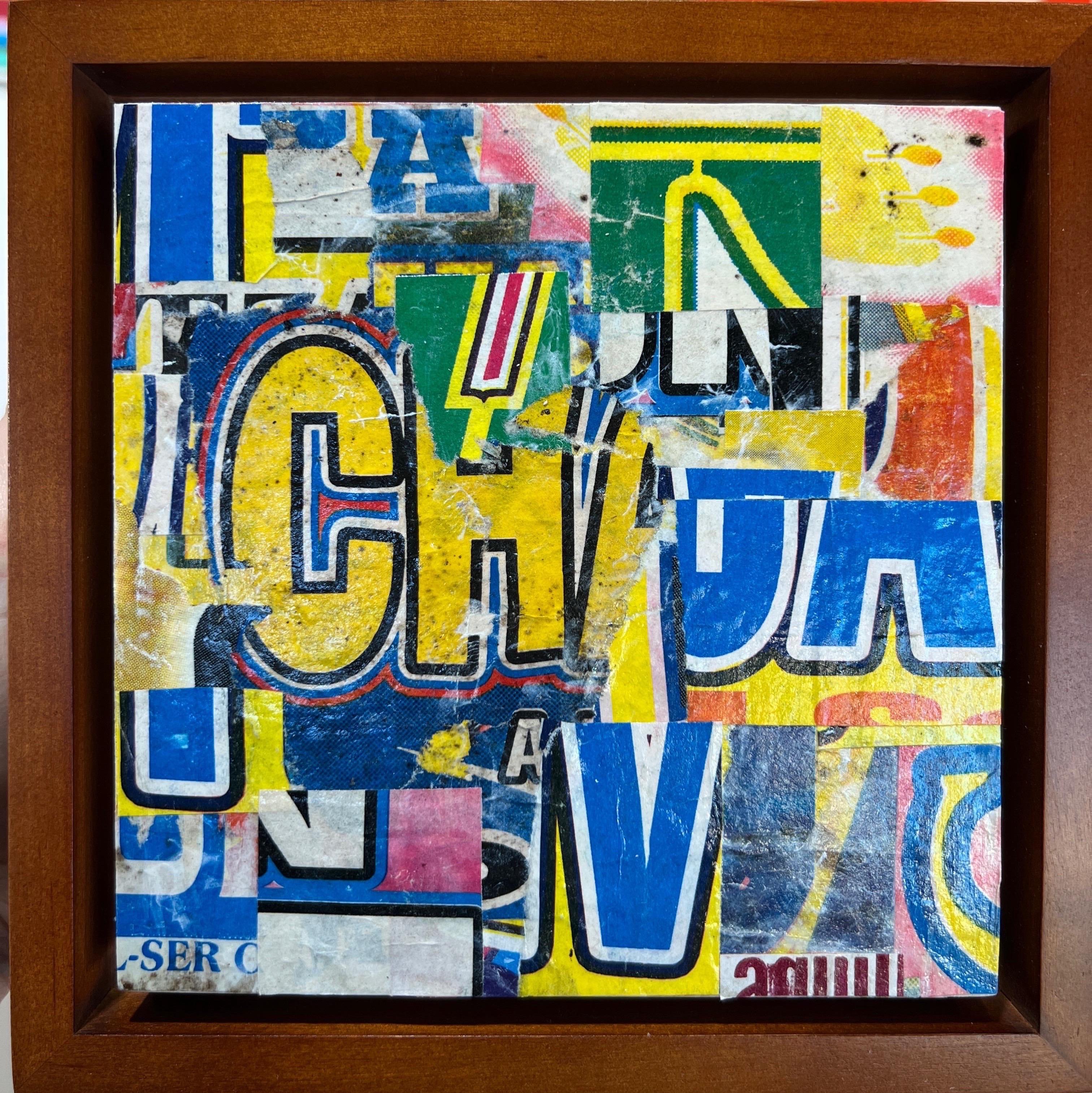 Postdogmatische Collage auf Platte, verso signiert
Kunst ist 6 x 6 mit Rahmen etwa 7 x 7

Cecil Touchon, geboren 1956 in Austin, Texas, ist ein zeitgenössischer amerikanischer Collagekünstler, Maler, veröffentlichter Dichter und Theoretiker, der in