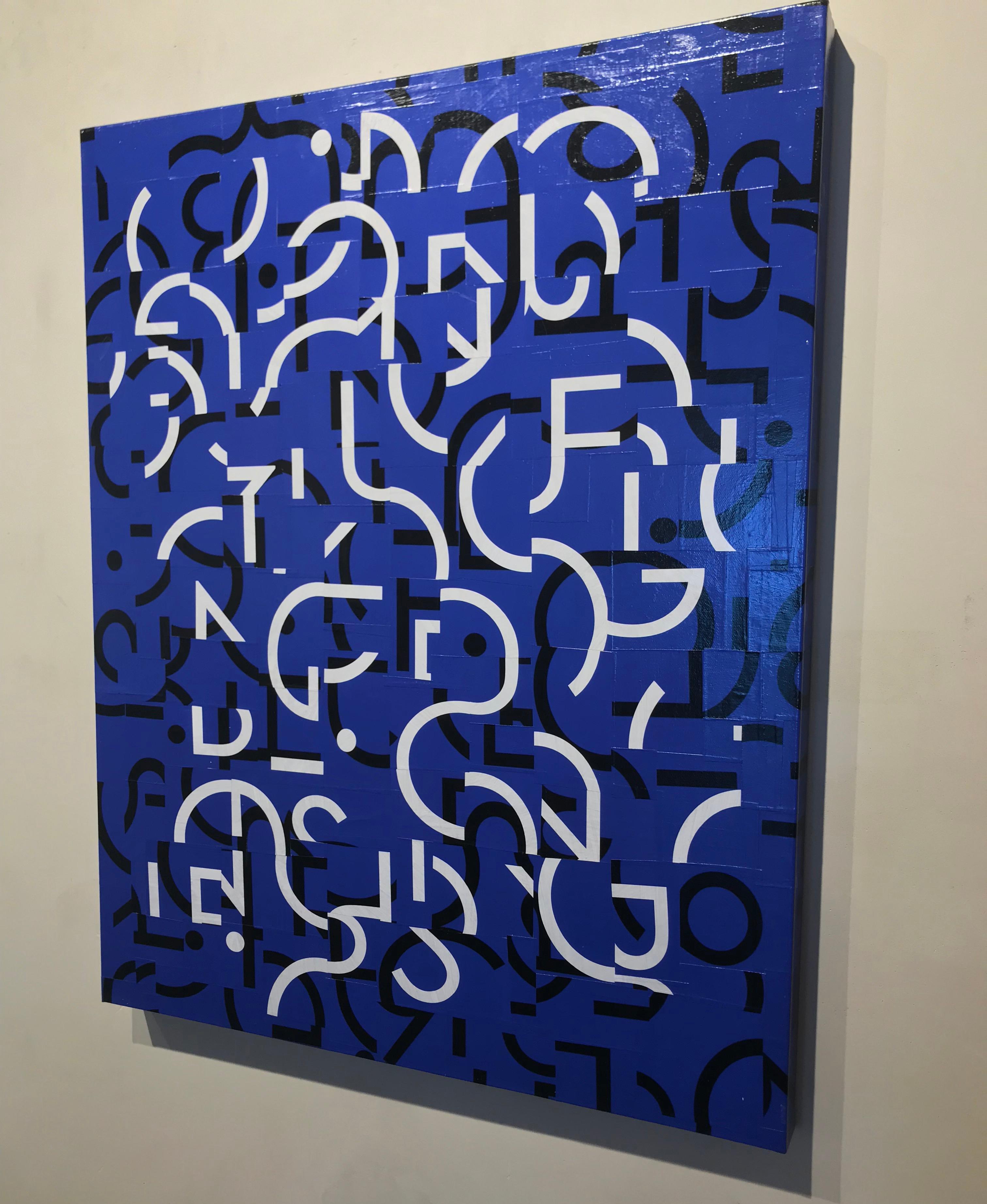 Blue, white, and black abstract geometric collage on canvas by Cecil Touchon. 
Cecil Touchon’s paintings, which he considers deconstructed poetry, stem from his interest in the modernist history of abstract art and his belief that language and