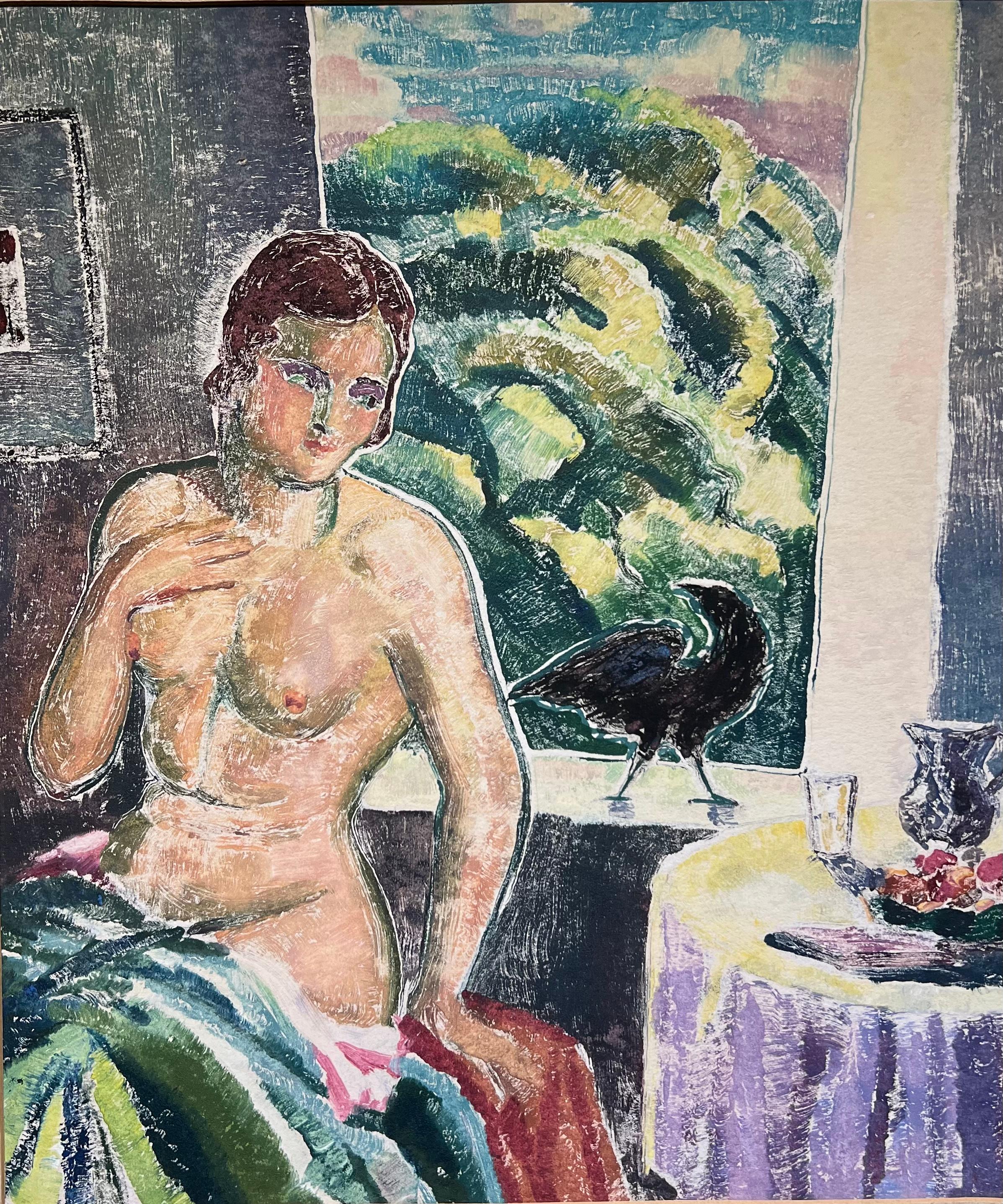RARO Antico CUBISMO modernista americano del 1930 Nudo femminile alla finestra con corvo nero - Painting Postimpressionismo di Cecil Vincent Donovan
