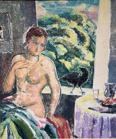 RARE Antique American 1930 Modernist CUBISM Female Nude by window w/ black Crow
