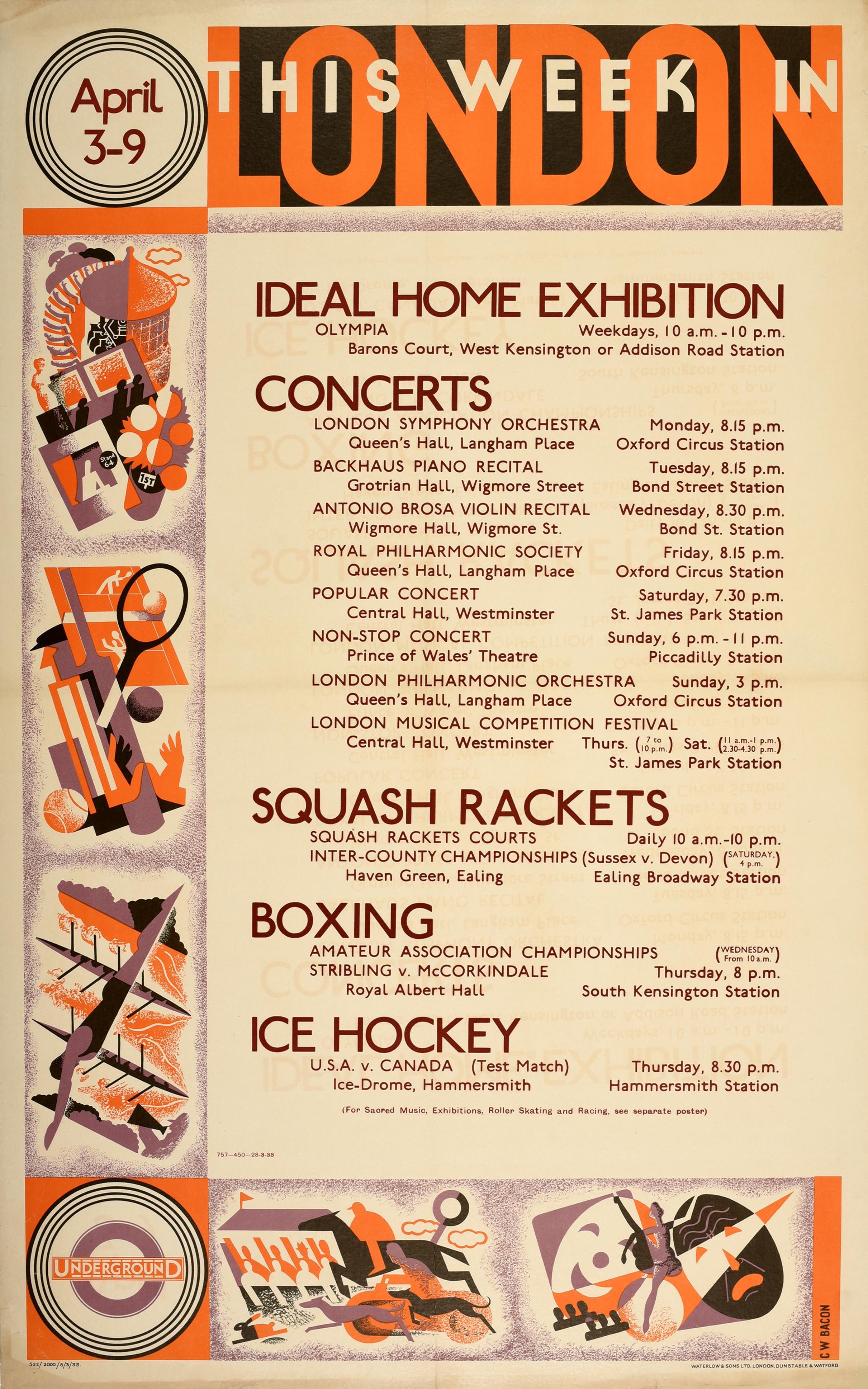 Cecil Walter Bacon Print - Original Vintage London Underground Poster Home Music Sport Squash Boxing Hockey