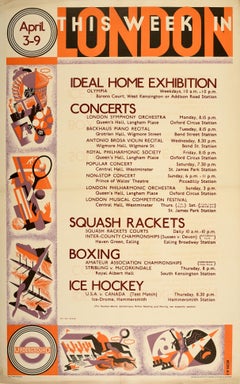Original Vintage Londoner U-Bahn-Poster „Home Music“, Sport, Schläger, Box, Hockey