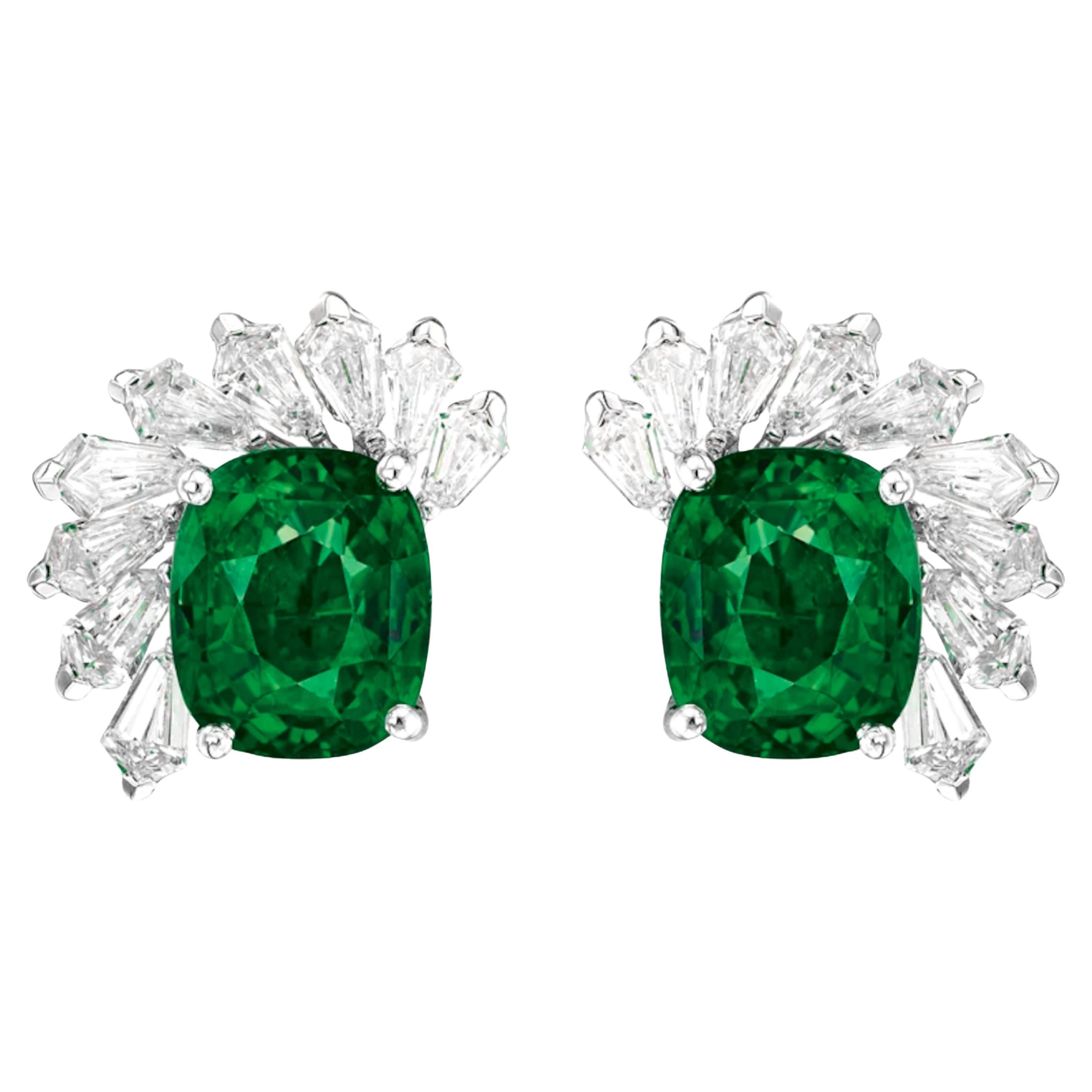 Cecile Blake 8 Carat Green Emerald Diamond Earrings For Sale