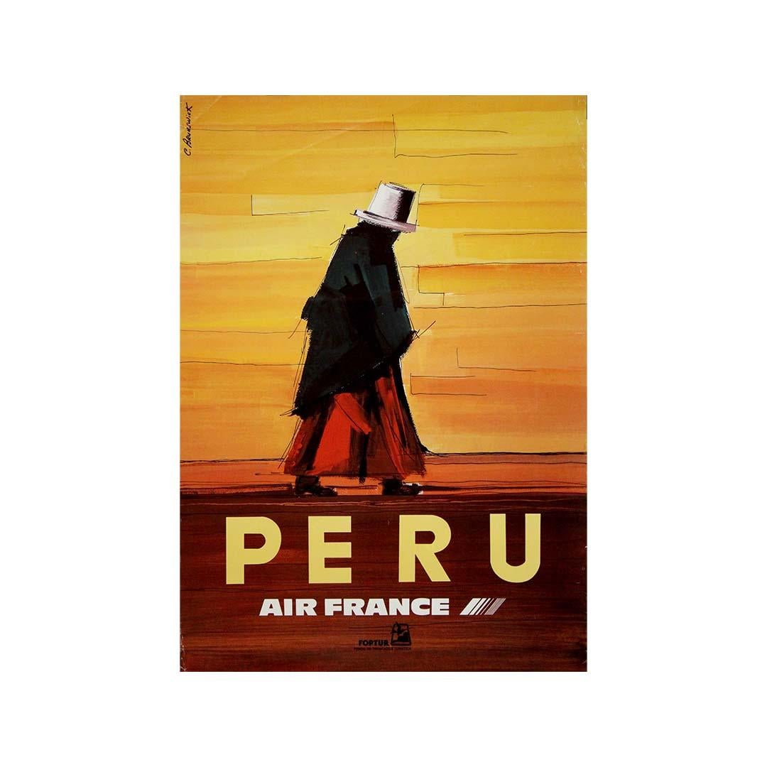 D'un design puissant et minimaliste, cette affiche originale d'Air France datant de 1990 et réalisée par l'artiste C.I.C. capture l'essence de l'identité et du paysage péruviens avec une simplicité frappante. L'affiche a été publiée en collaboration