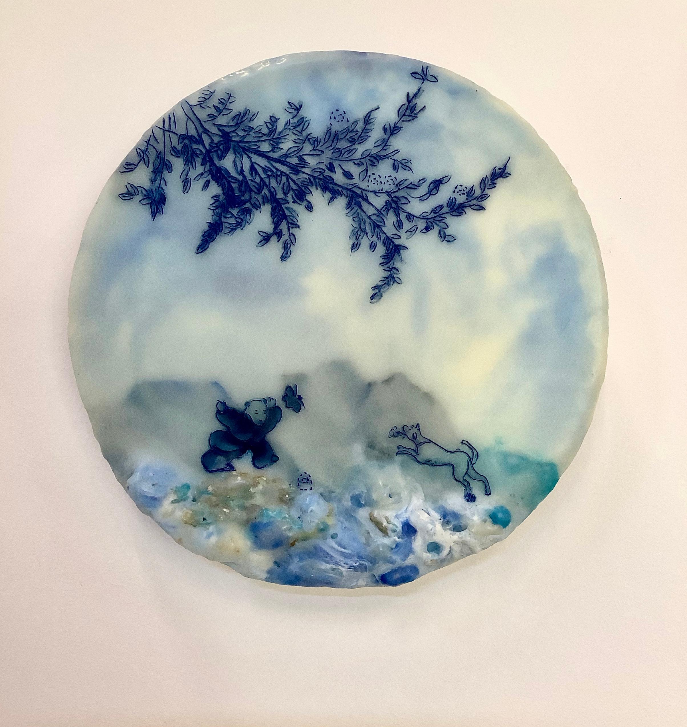 Back Off, Circular Encaustic Landscape Painting with Child and Dog in Blue - Gold Animal Painting by Cecile Chong