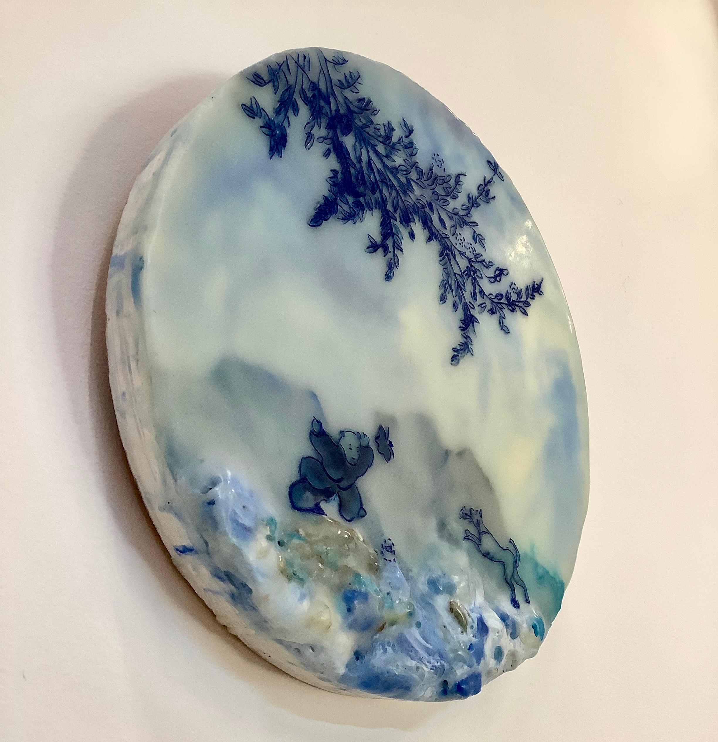 Back Off, Circular Encaustic Landscape Painting with Child and Dog in Blue 1