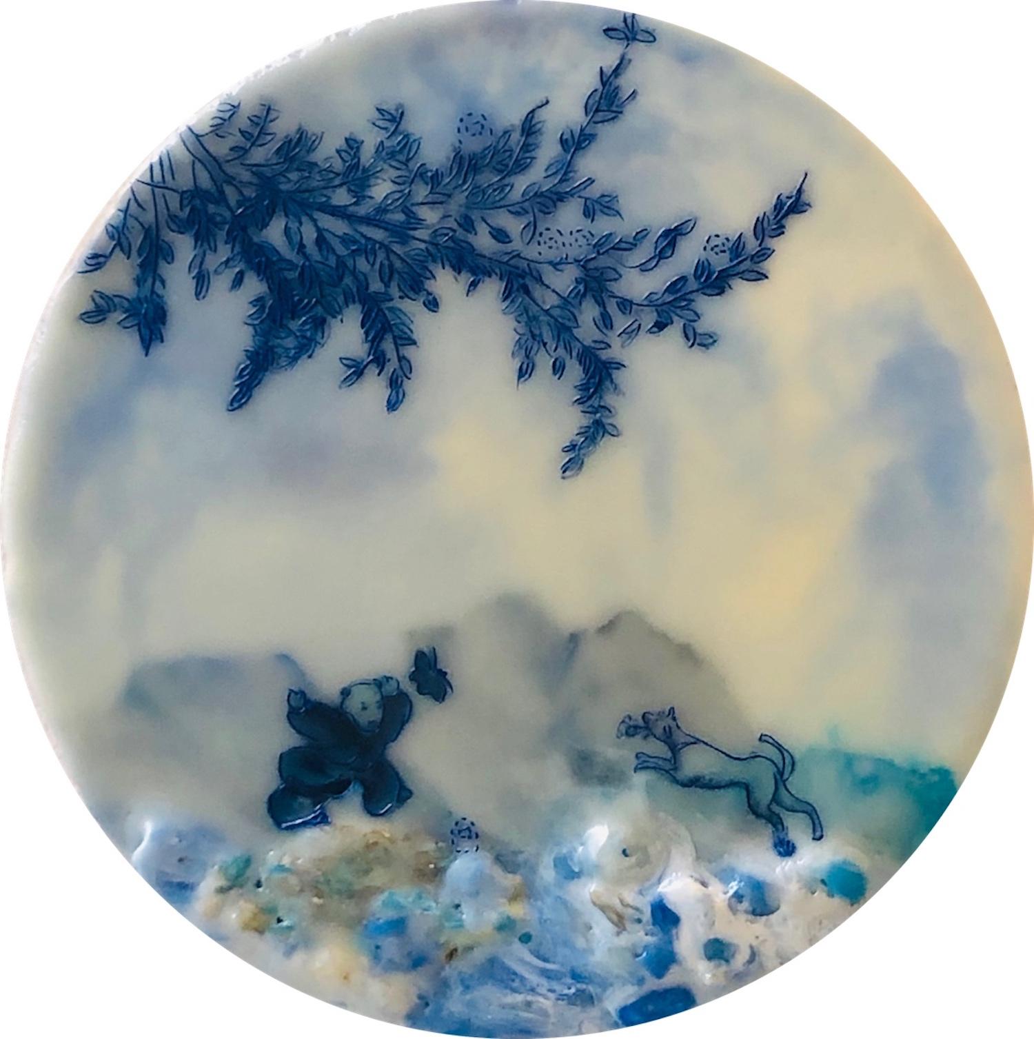Cecile Chong Animal Painting - Back Off, Circular Encaustic Landscape Painting with Child and Dog in Blue