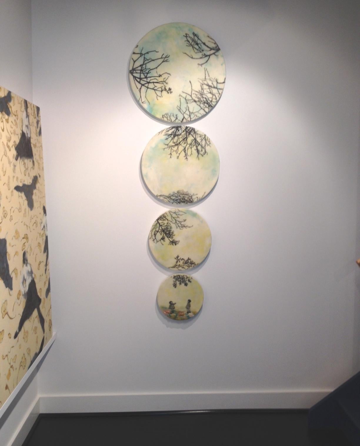 Branches Everywhere, Blue, Ivory, Yellow Children, Trees, Circular Encaustic - Painting by Cecile Chong
