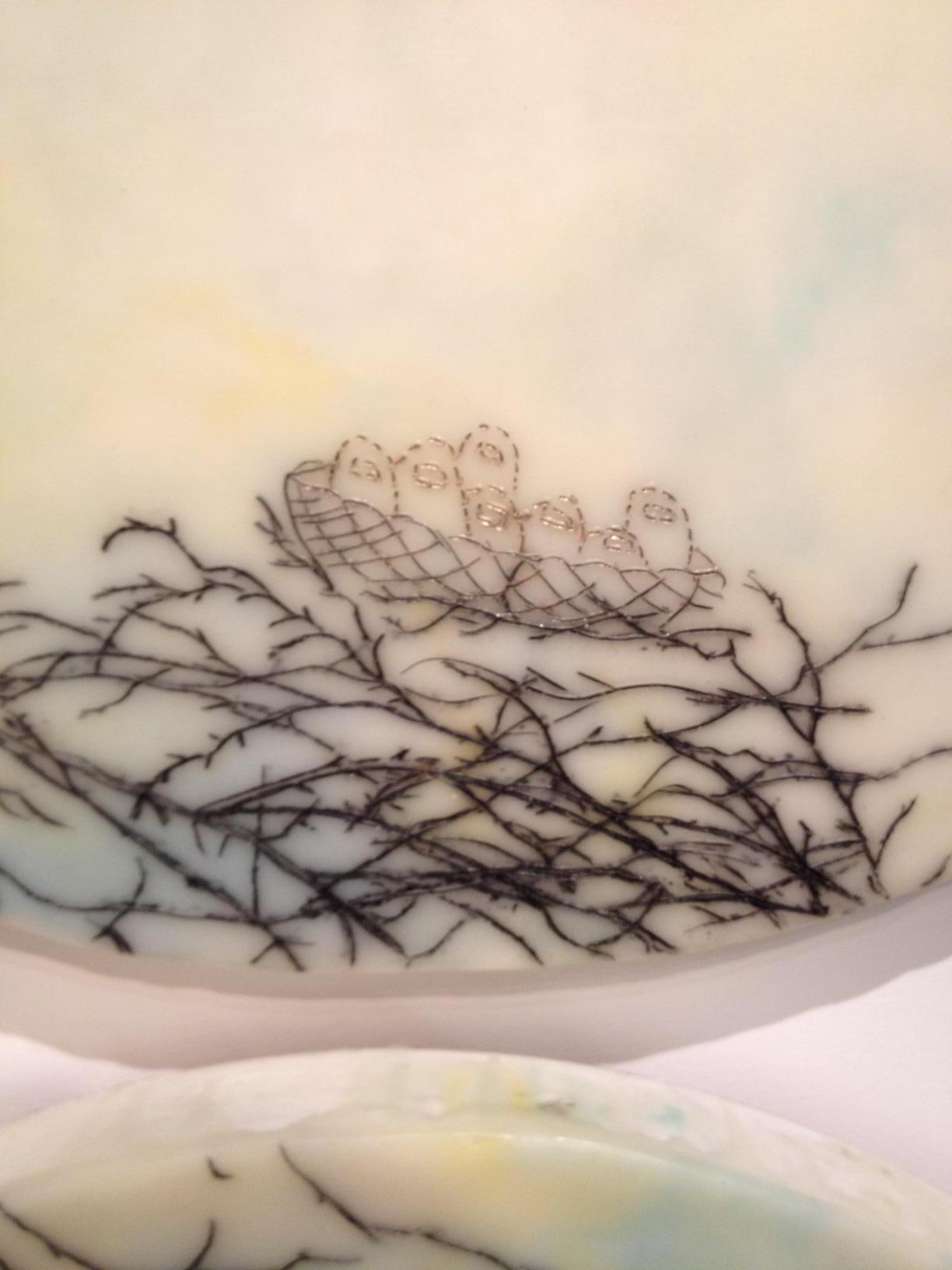 Branches Everywhere, Blue, Ivory, Yellow Children, Trees, Circular Encaustic - Contemporary Painting by Cecile Chong