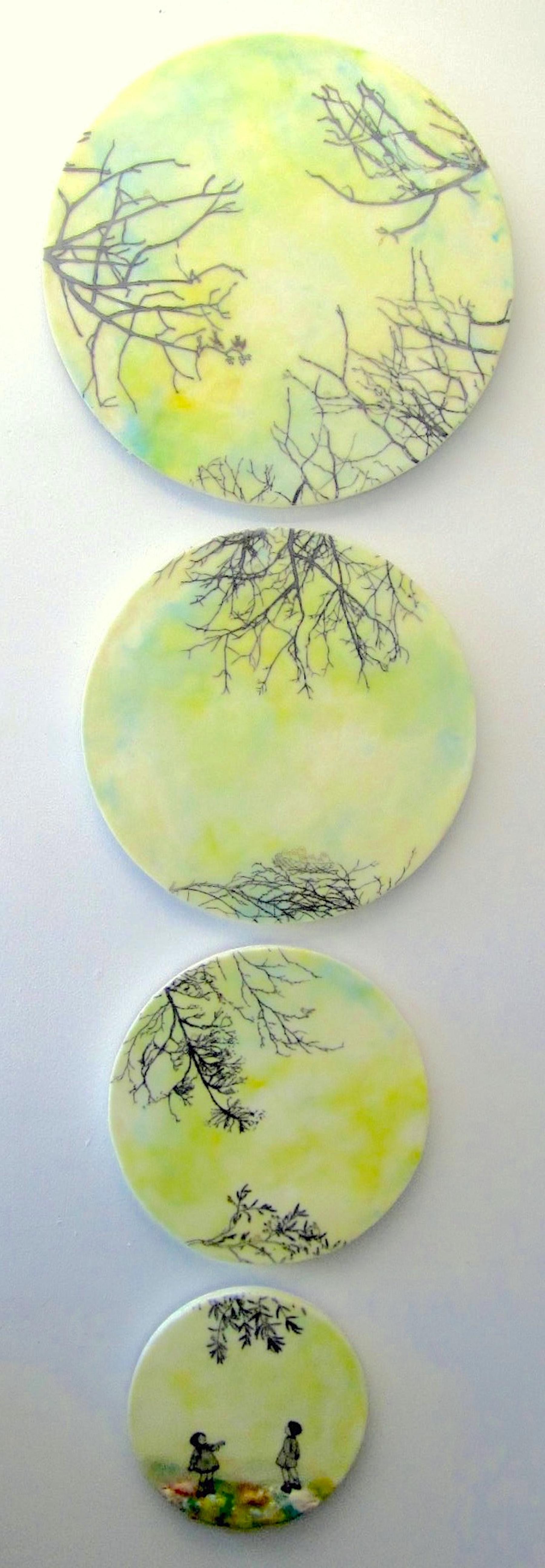 Branches Everywhere, Blue, Ivory, Yellow Children, Trees, Circular Encaustic