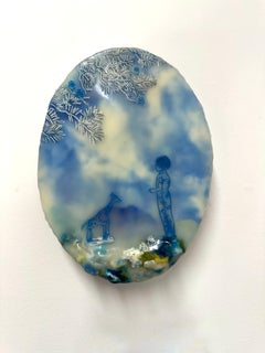 Captive Audience - Oval Landscape Child Giraffe Tree Blue Ivory, 2019