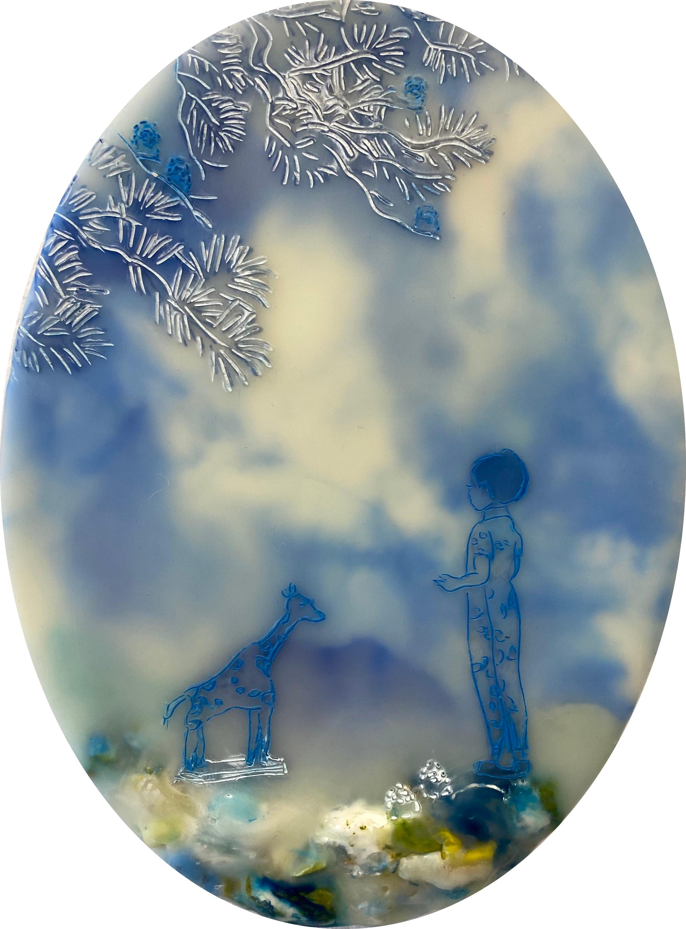 Cecile Chong Figurative Painting - Captive Audience - Oval Landscape Child Giraffe Tree Blue Ivory, 2019