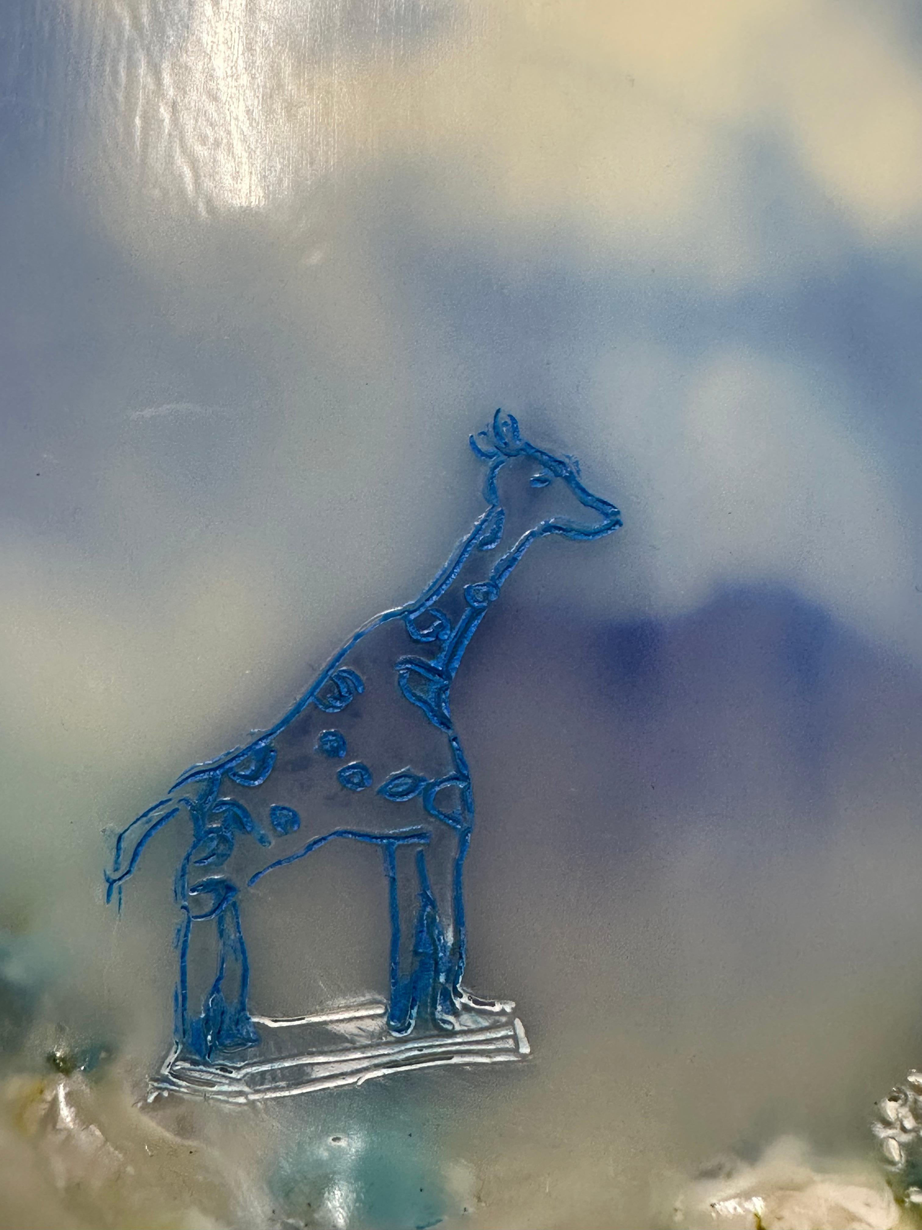 Pubblico in cattività, Paesaggio ovale, Bambino, Giraffa, Albero, Blu, Giallo chiaro in vendita 2