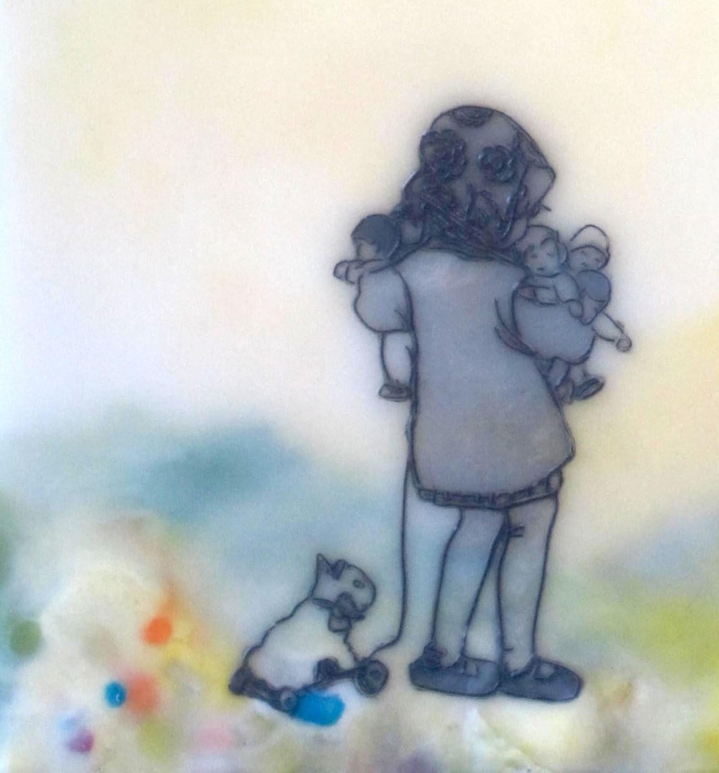 Chocolate-Chocolate-ChiKuLek, Yellow Encaustic Landscape, Child with Toys, Blue - Painting by Cecile Chong