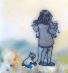 Schokoladen-Chocolat-ChiKuLek, gelbe Enkaustik-Landschaft, Kind mit Spielzeug, blau