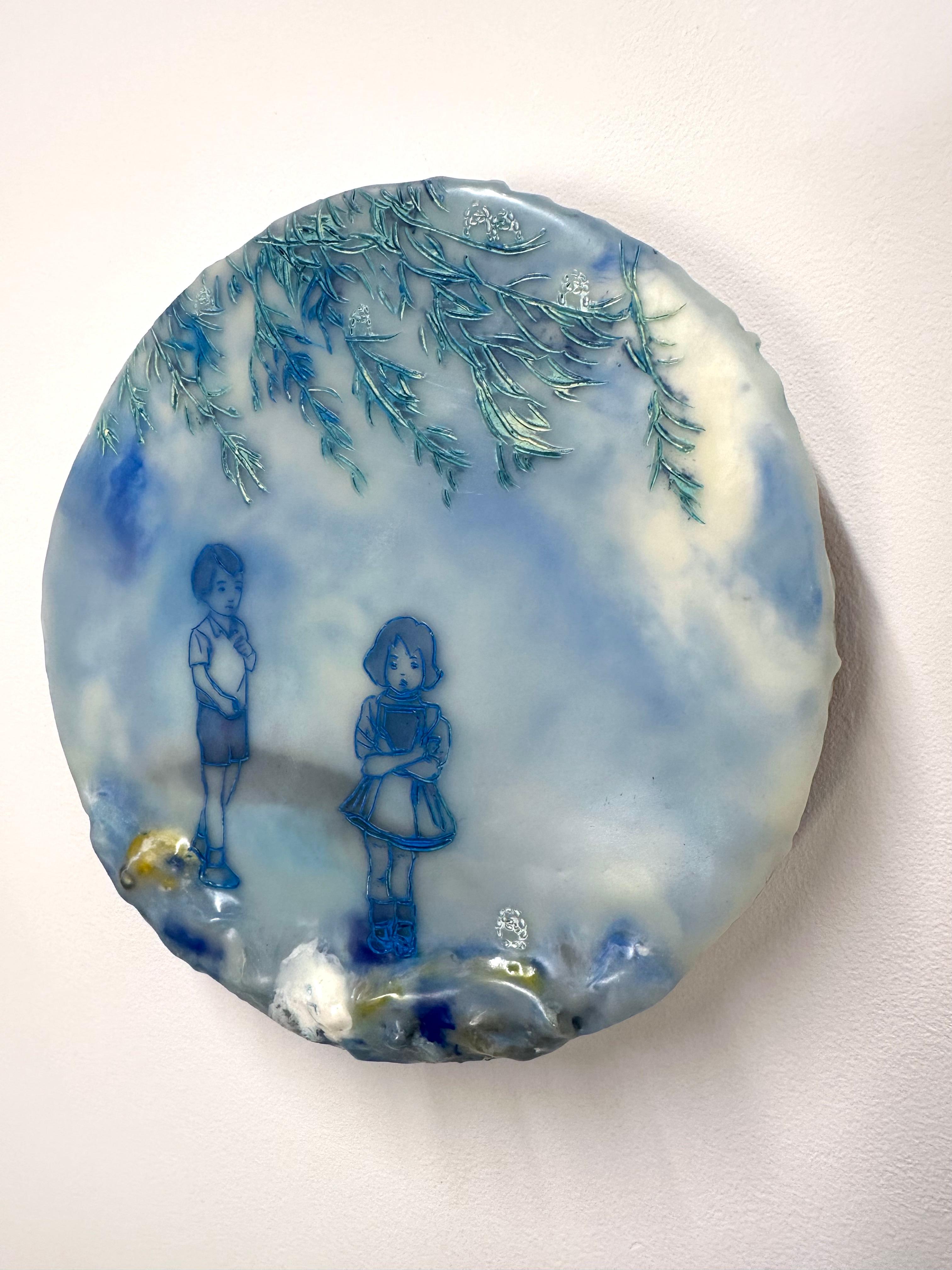 Close To My Heart In Blue - Enkaustik-Landschaft Kinder Blätter Baum, 2021 im Angebot 6