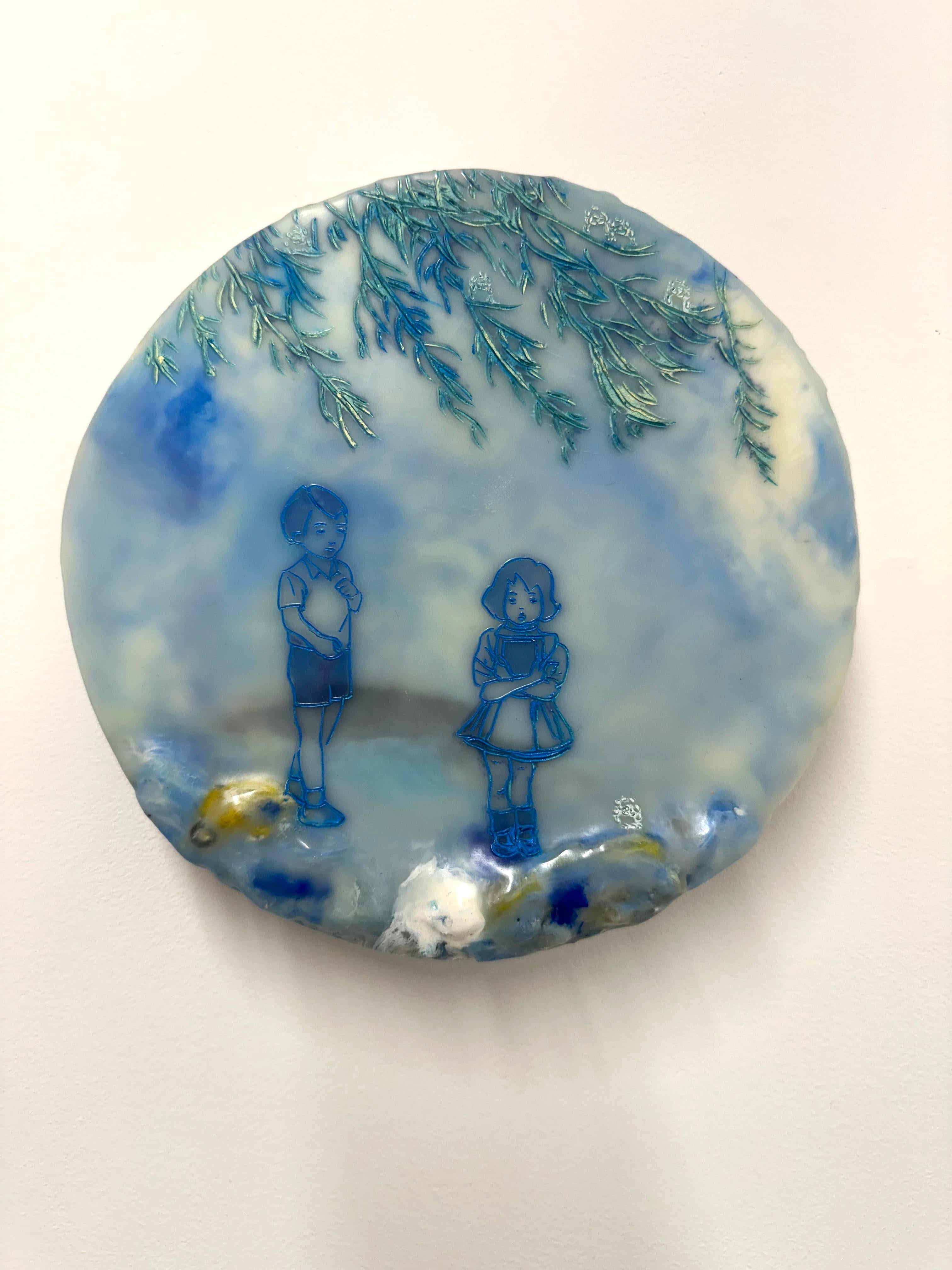 Close To My Heart In Blue - Enkaustik-Landschaft Kinder Blätter Baum, 2021 – Painting von Cecile Chong