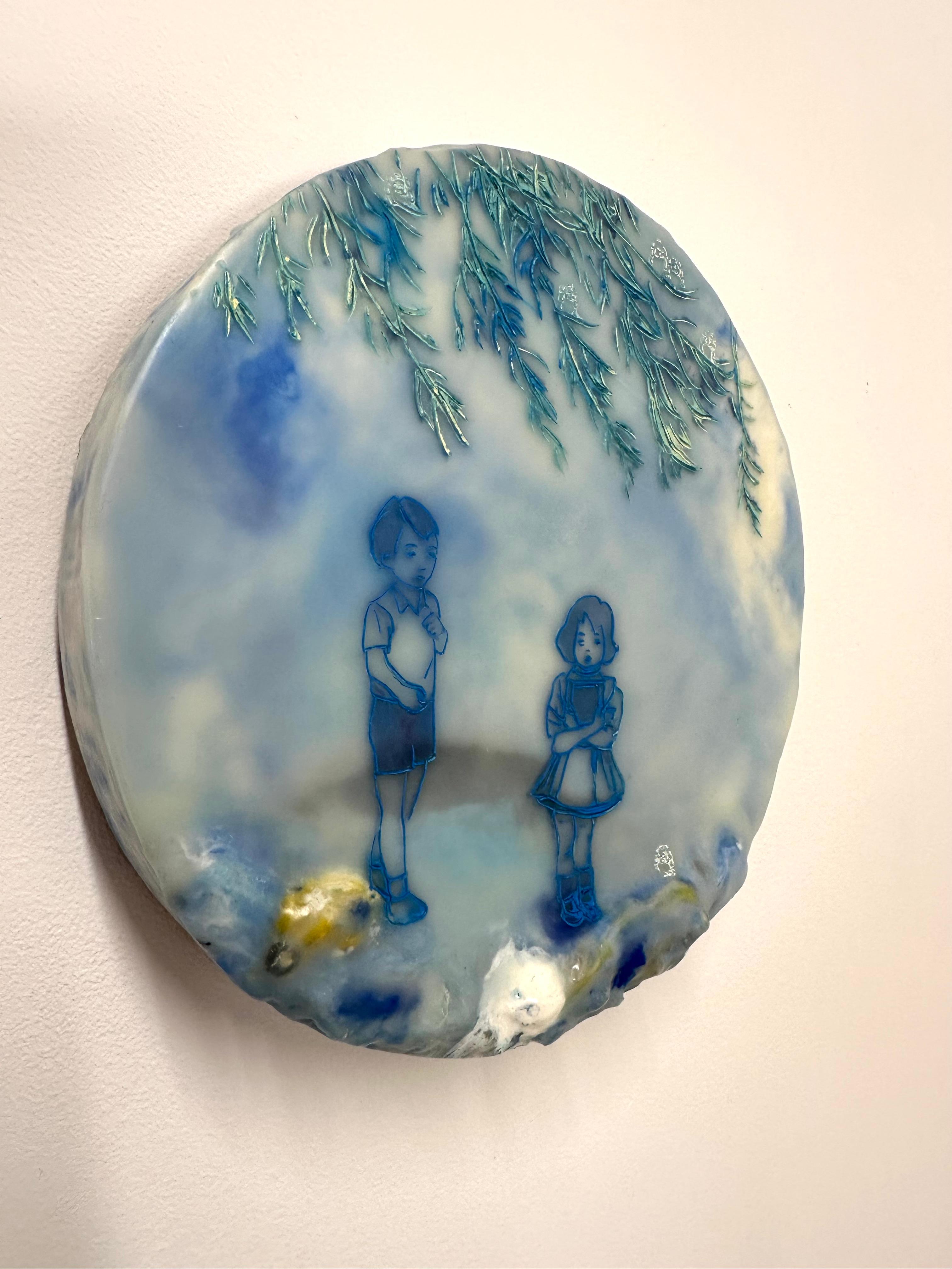 Close To My Heart In Blue - Enkaustik-Landschaft Kinder Blätter Baum, 2021 (Zeitgenössisch), Painting, von Cecile Chong