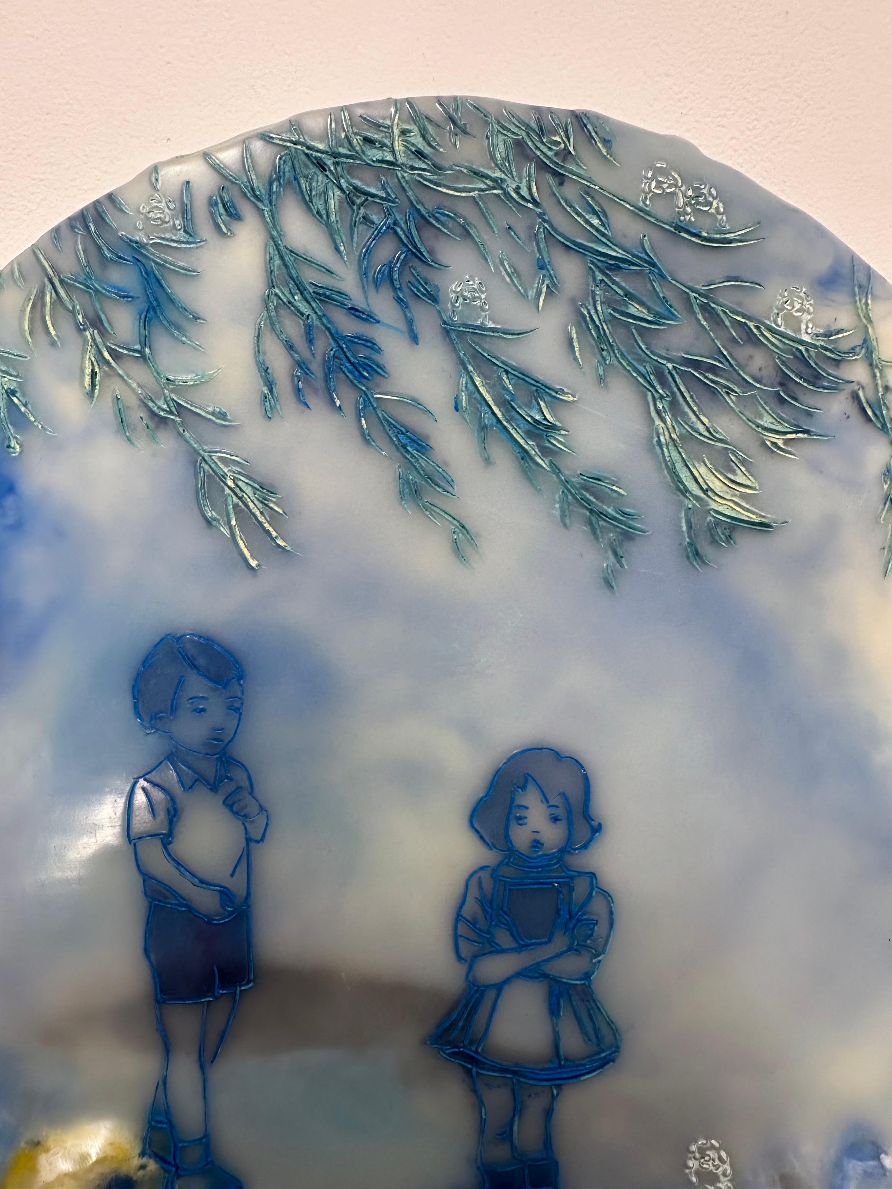 Zeitgenössische Enkaustikmalerei (pigmentiertes Bienenwachs) in Öl, Pigmente aus Marokko und Indien, Vulkanasche aus Ecuador, Reispapier, Blattgold, elektronische Bauteile von Leiterplatten und übertragene Bilder auf einer runden Tafel. 

Zwei