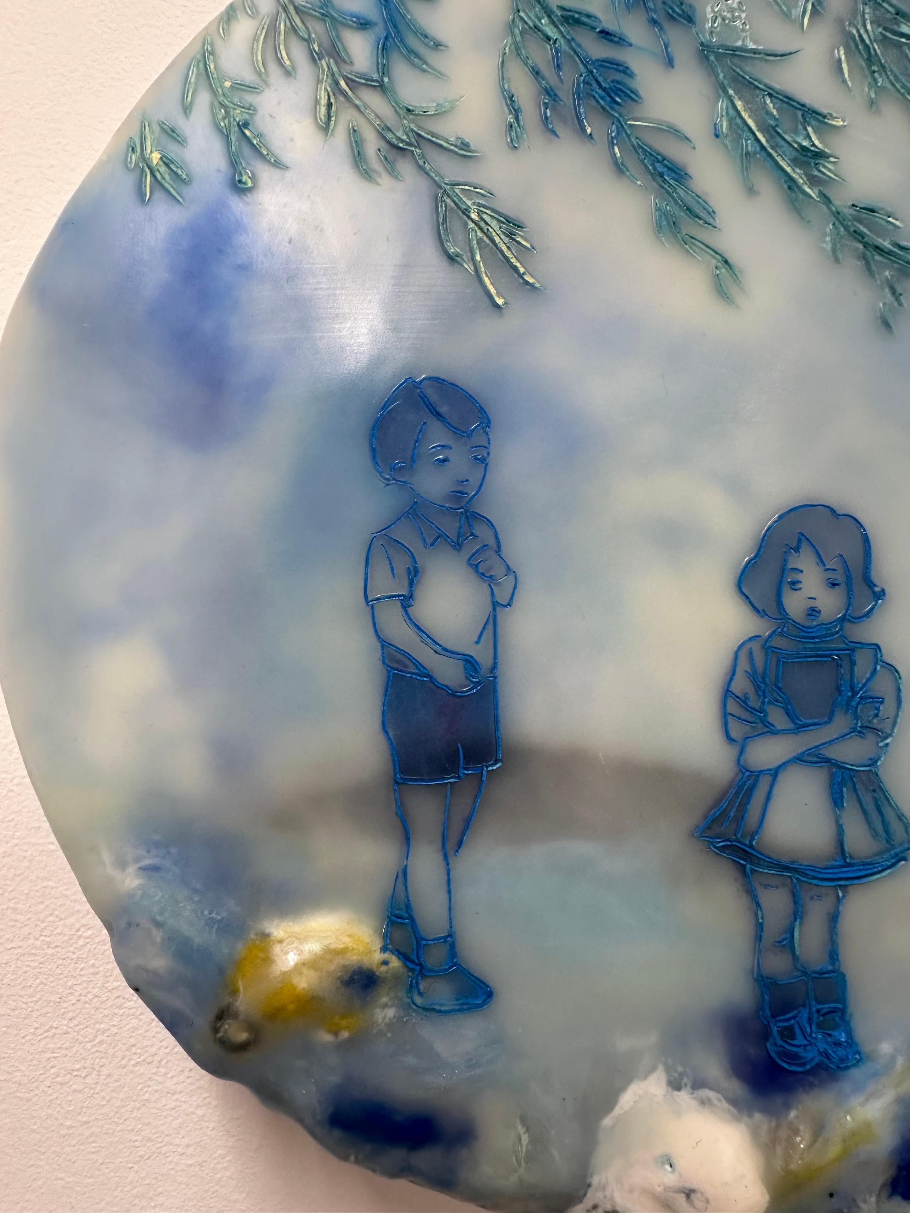 Close To My Heart In Blue - Enkaustik-Landschaft Kinder Blätter Baum, 2021 im Angebot 3