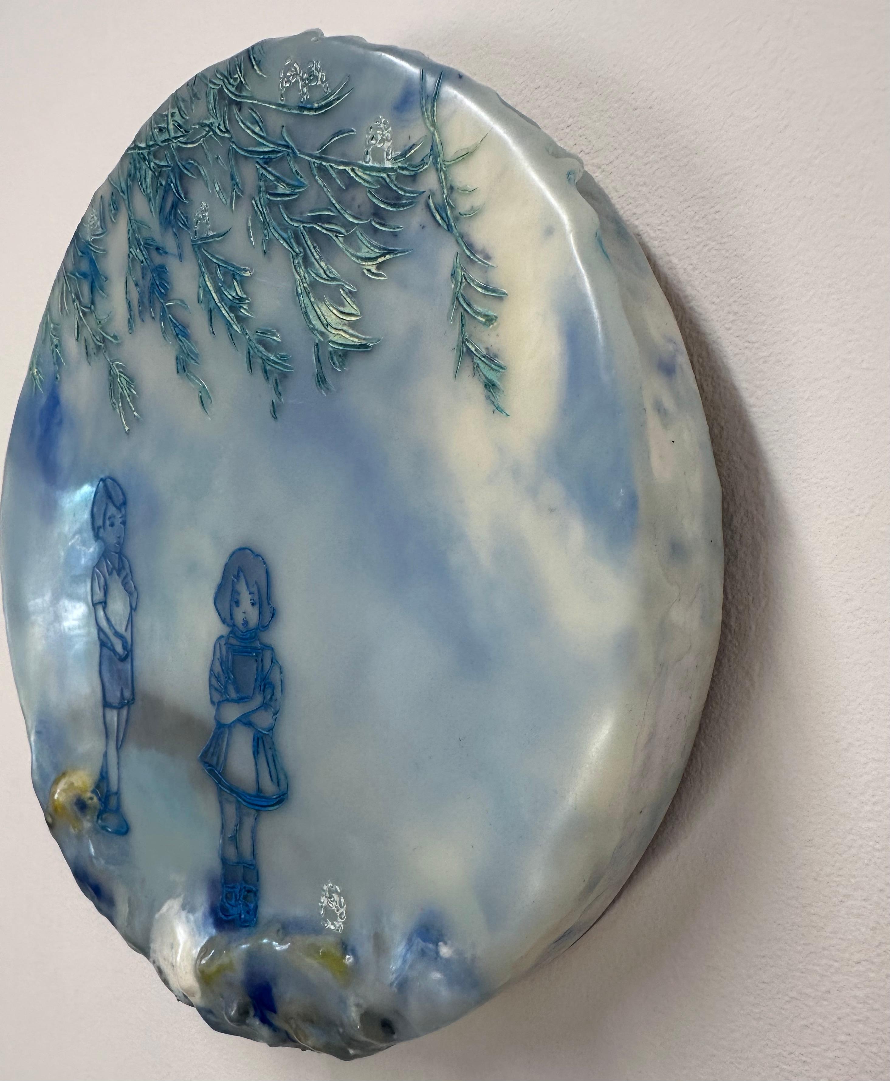 Close To My Heart In Blue - Paesaggio ad encausto Bambini Alberi, 2021 - Figurative Painting Grigio di Cecile Chong