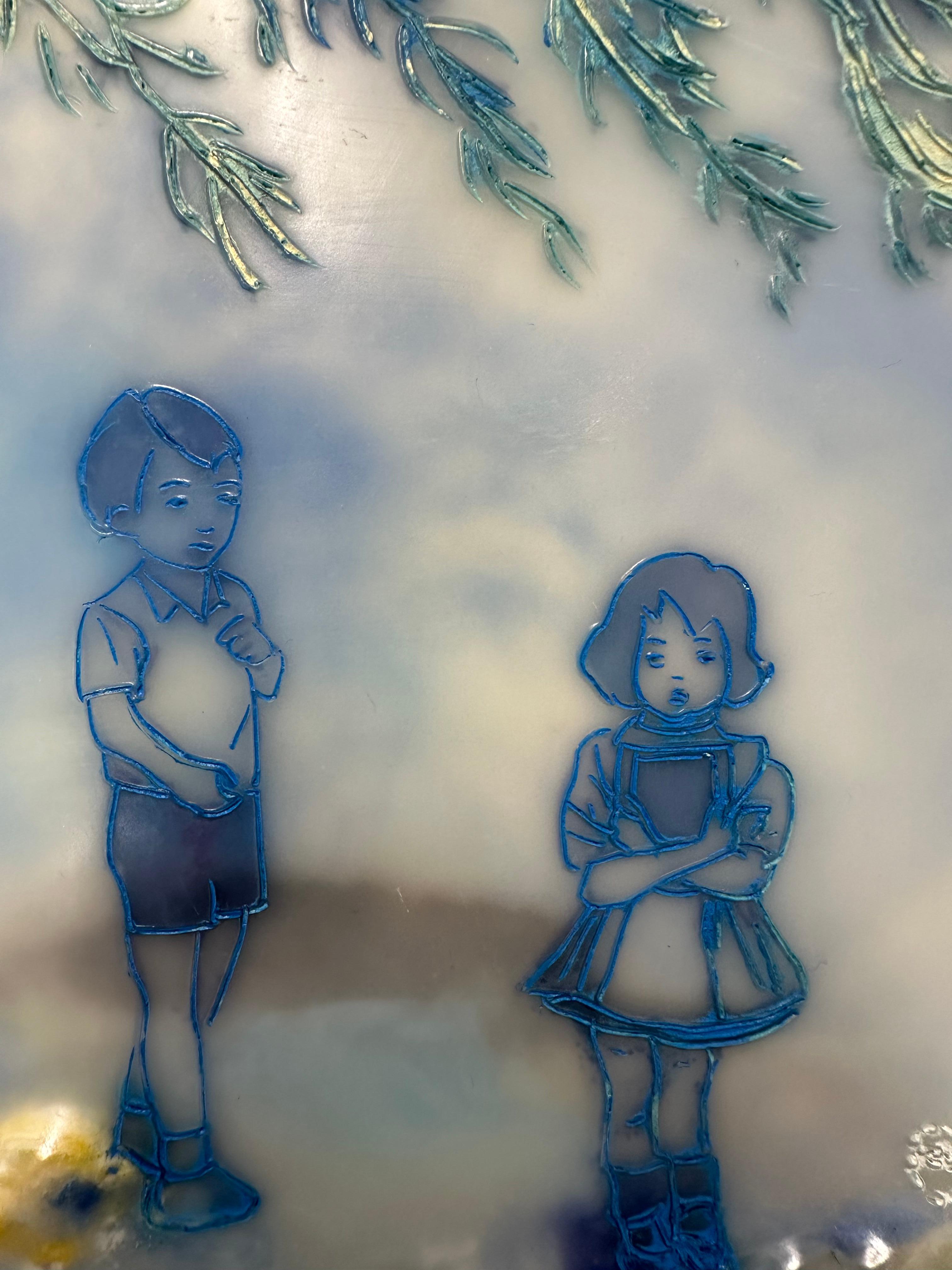 Close To My Heart In Blue - Paesaggio ad encausto Bambini Alberi, 2021 in vendita 1