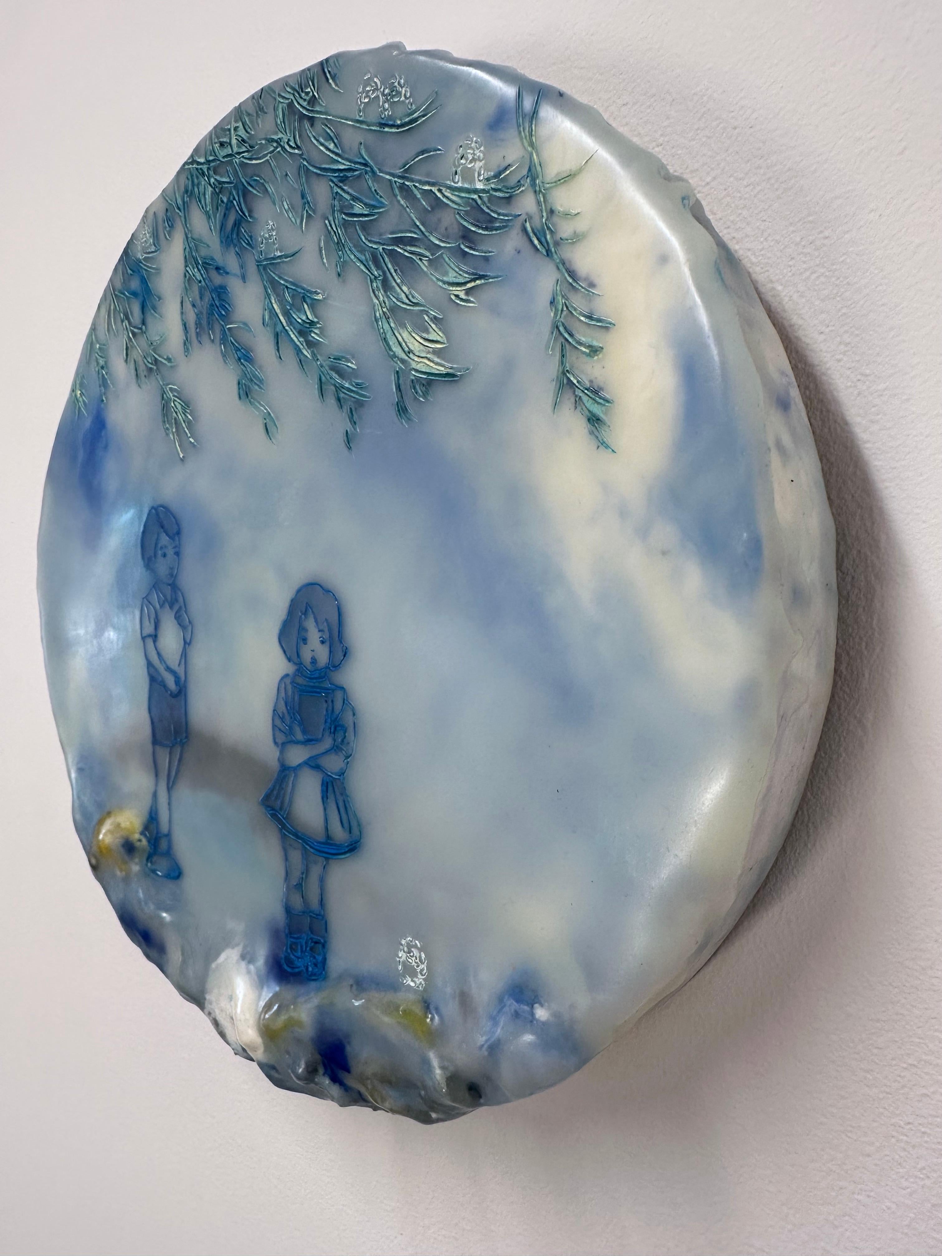 Close To My Heart In Blue - Paesaggio ad encausto Bambini Alberi, 2021 in vendita 4