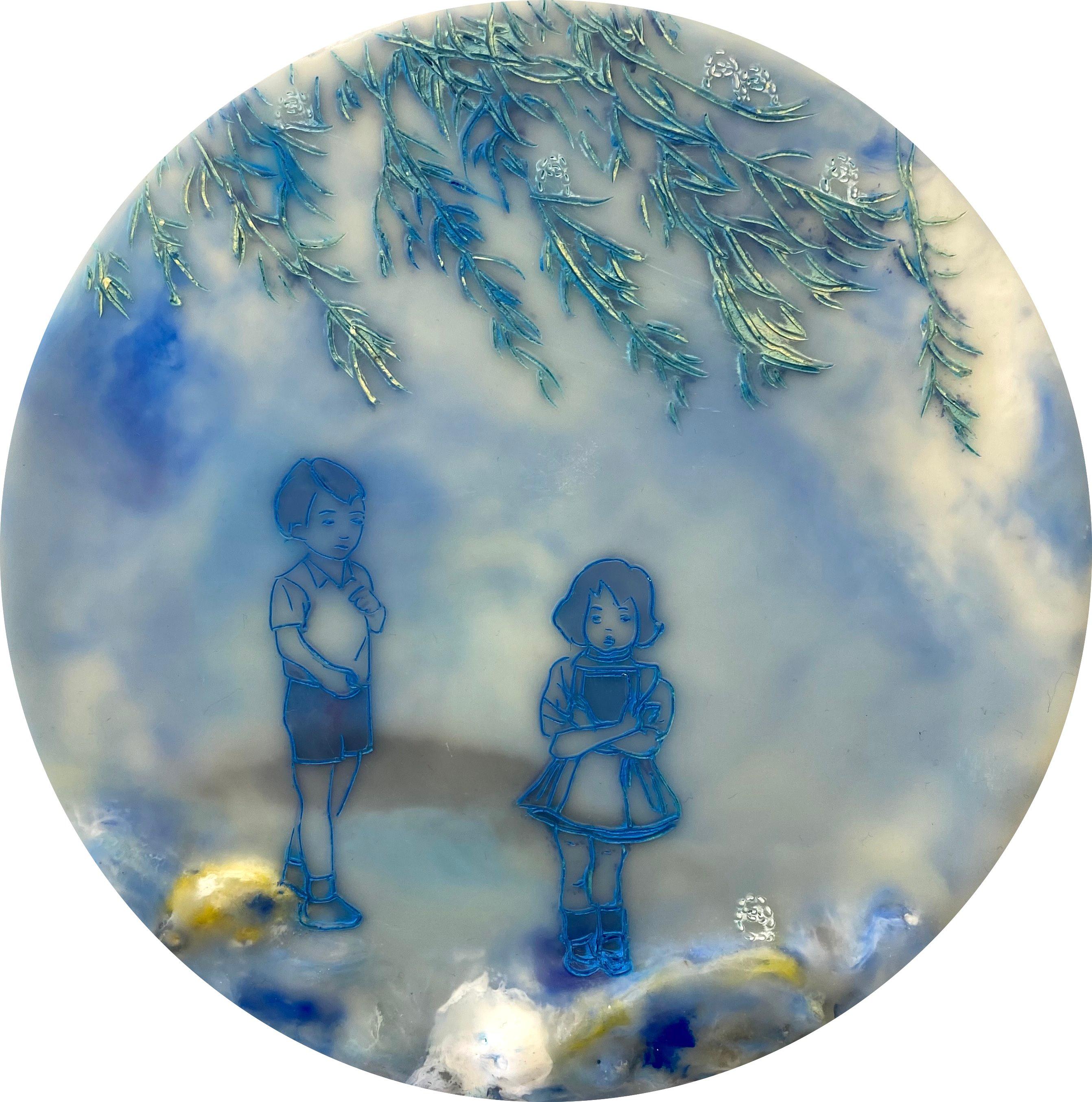 Close To My Heart In Blue - Paesaggio ad encausto Bambini Alberi, 2021