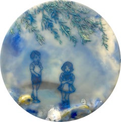 Close To My Heart In Blue - Paesaggio a encausto rotondo Child & Child Leaves Tree, 2021