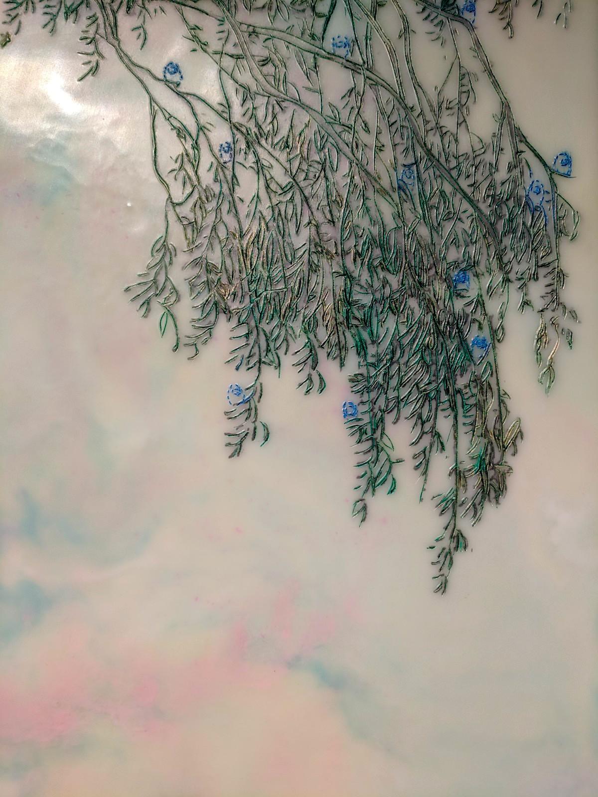 Competing Interests, Encaustic Landscape, Mother and Children in Pink and Blue - Contemporary Mixed Media Art by Cecile Chong