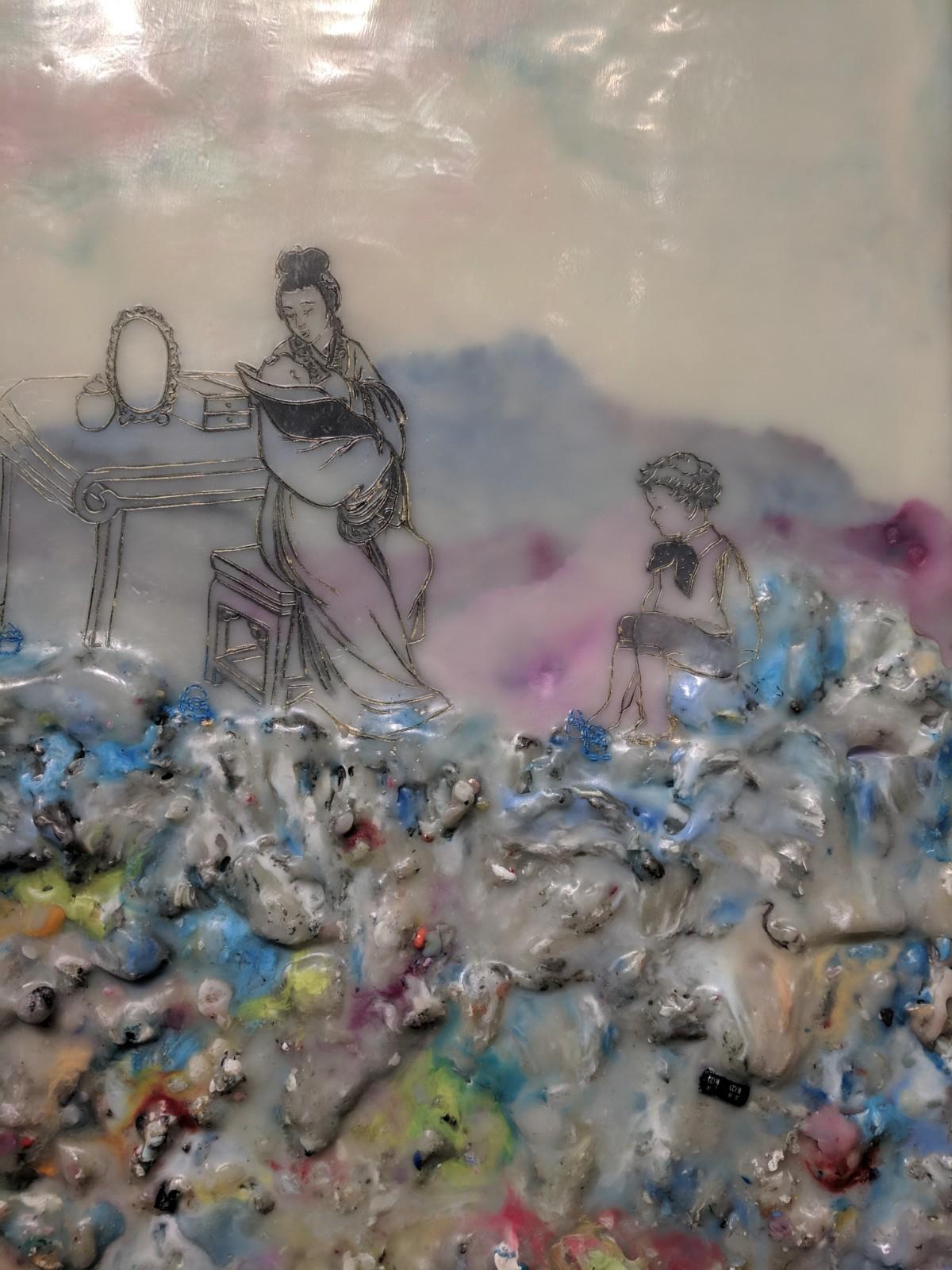 Competing Interests, Encaustic Landscape, Mother and Children in Pink and Blue 1