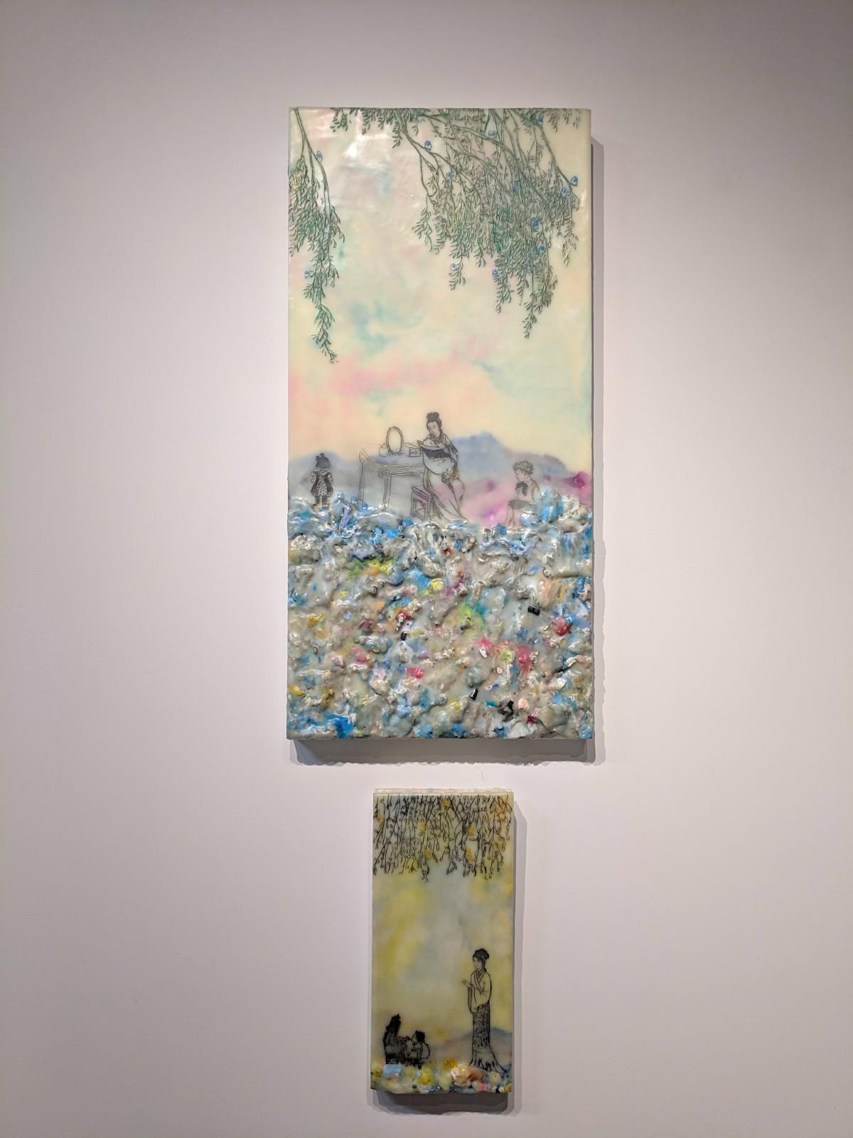 Competing Interests, Encaustic Landscape, Mother and Children in Pink and Blue 3