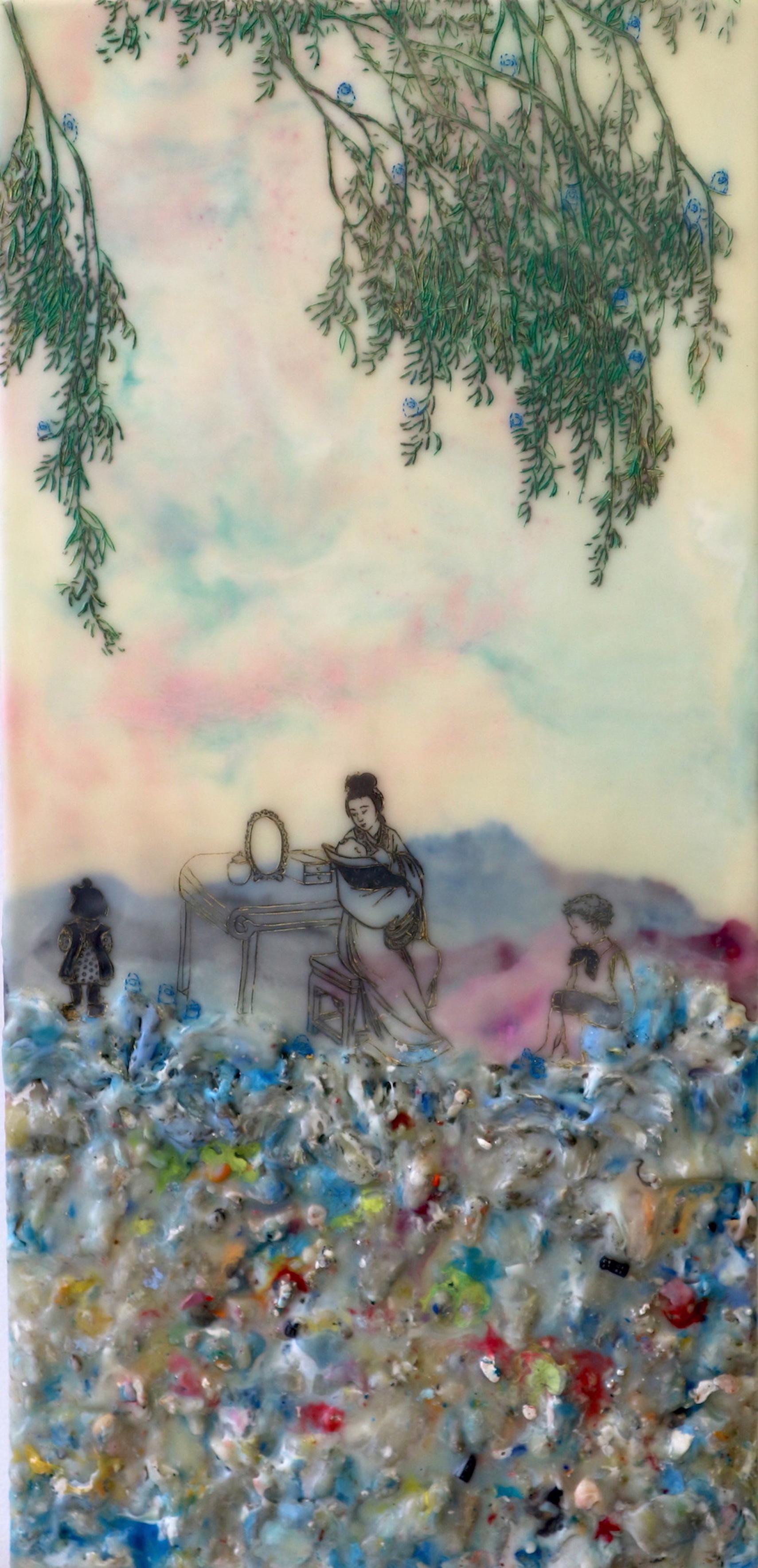 Competing Interests, Encaustic Landscape, Mother and Children in Pink and Blue - Mixed Media Art by Cecile Chong