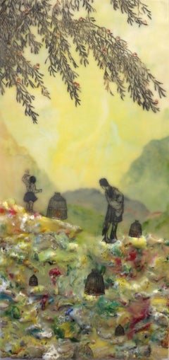 Isolated Examples, Encaustic Landscape with Figures in Yellow, Green, Burgundy