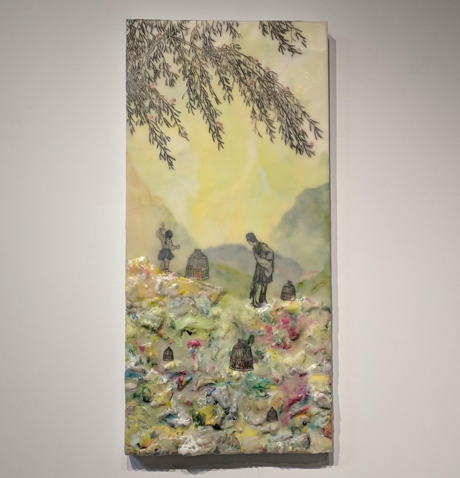 Isolated Examples, Encaustic Landscape with Figures, Yellow, Green, Burgundy Red - Painting by Cecile Chong