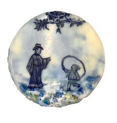 Jump In, Circular Encaustic Painting of a Man and Child in Blue, Ivory and White