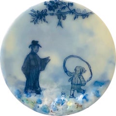 Jump In, Circular Encaustic Painting of a Man and Child in Blue, Ivory and White