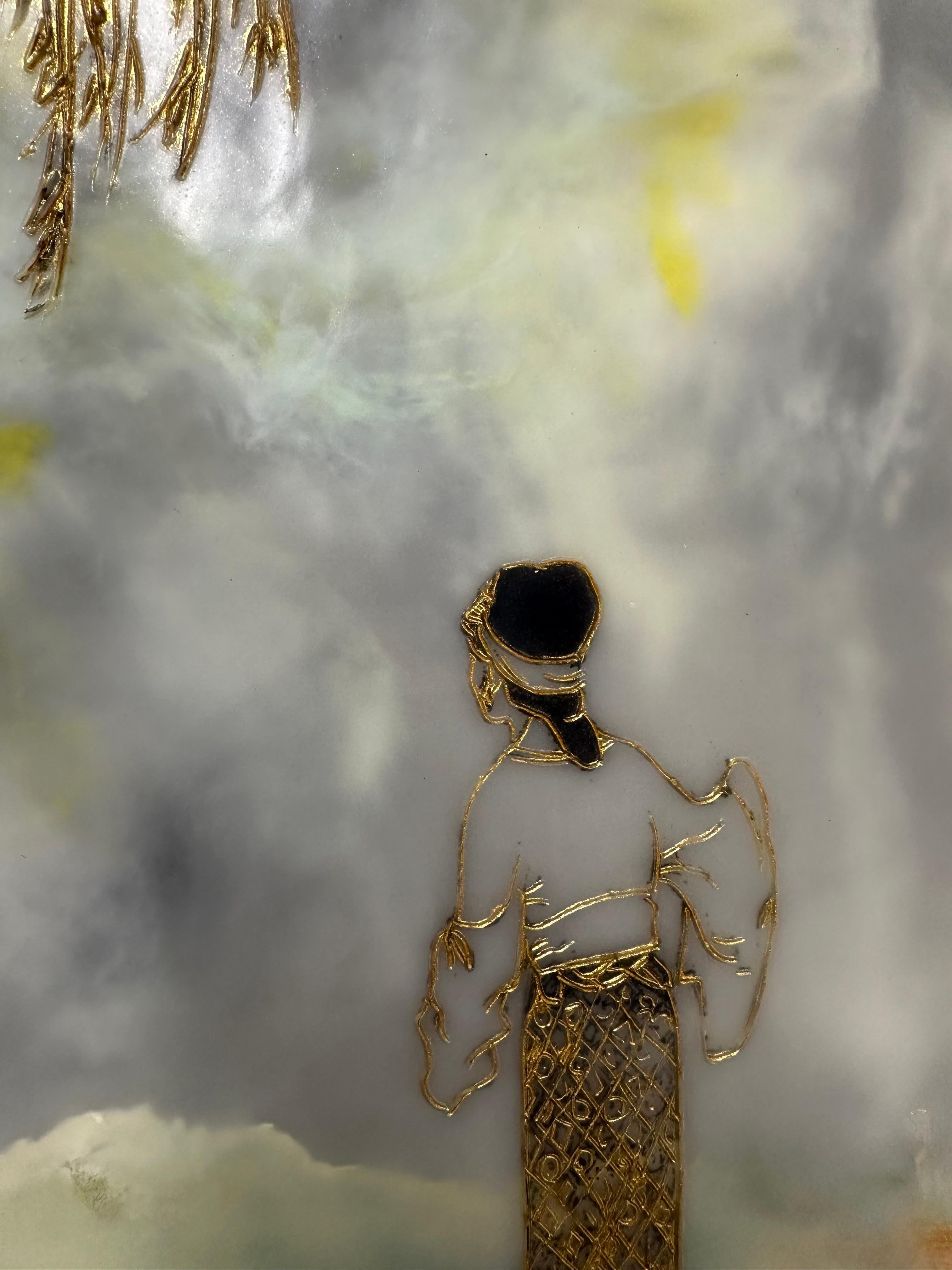 Amore per l'aiuto, Paesaggio ad encausto giallo grigio, figura femminile, bambino, albero 5