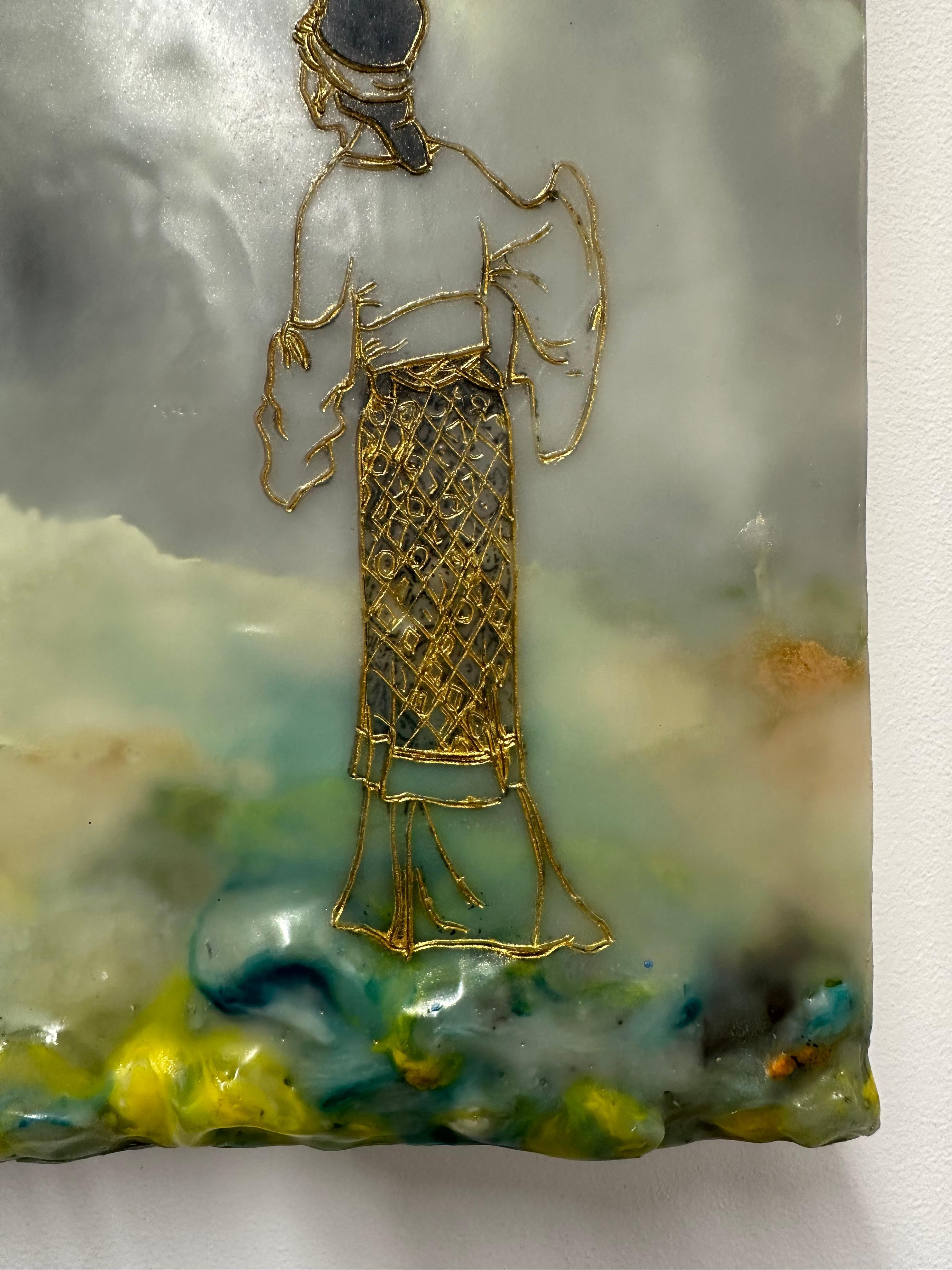 Amore per l'aiuto, Paesaggio ad encausto giallo grigio, figura femminile, bambino, albero 6