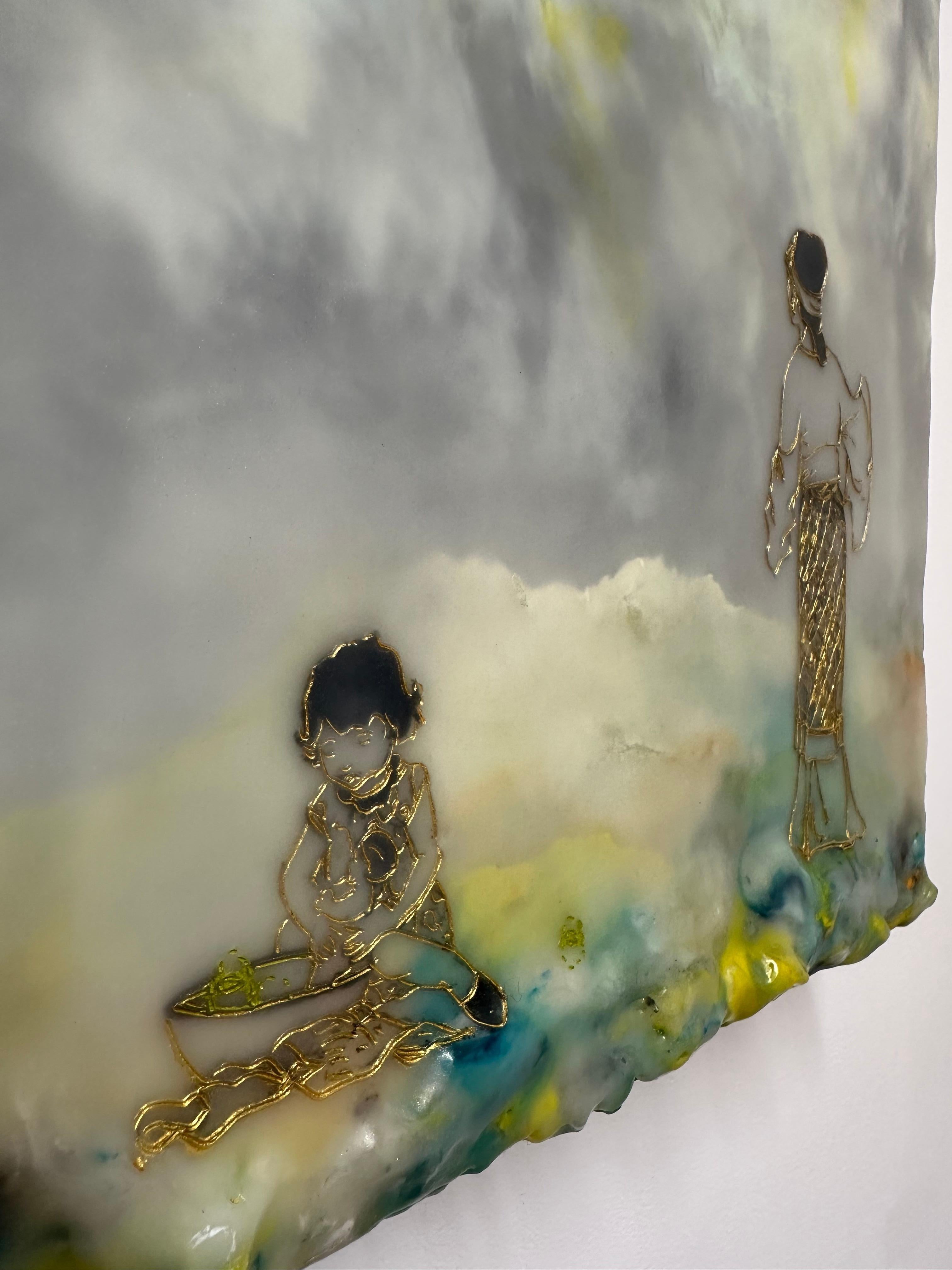 Amore per l'aiuto, Paesaggio ad encausto giallo grigio, figura femminile, bambino, albero 7