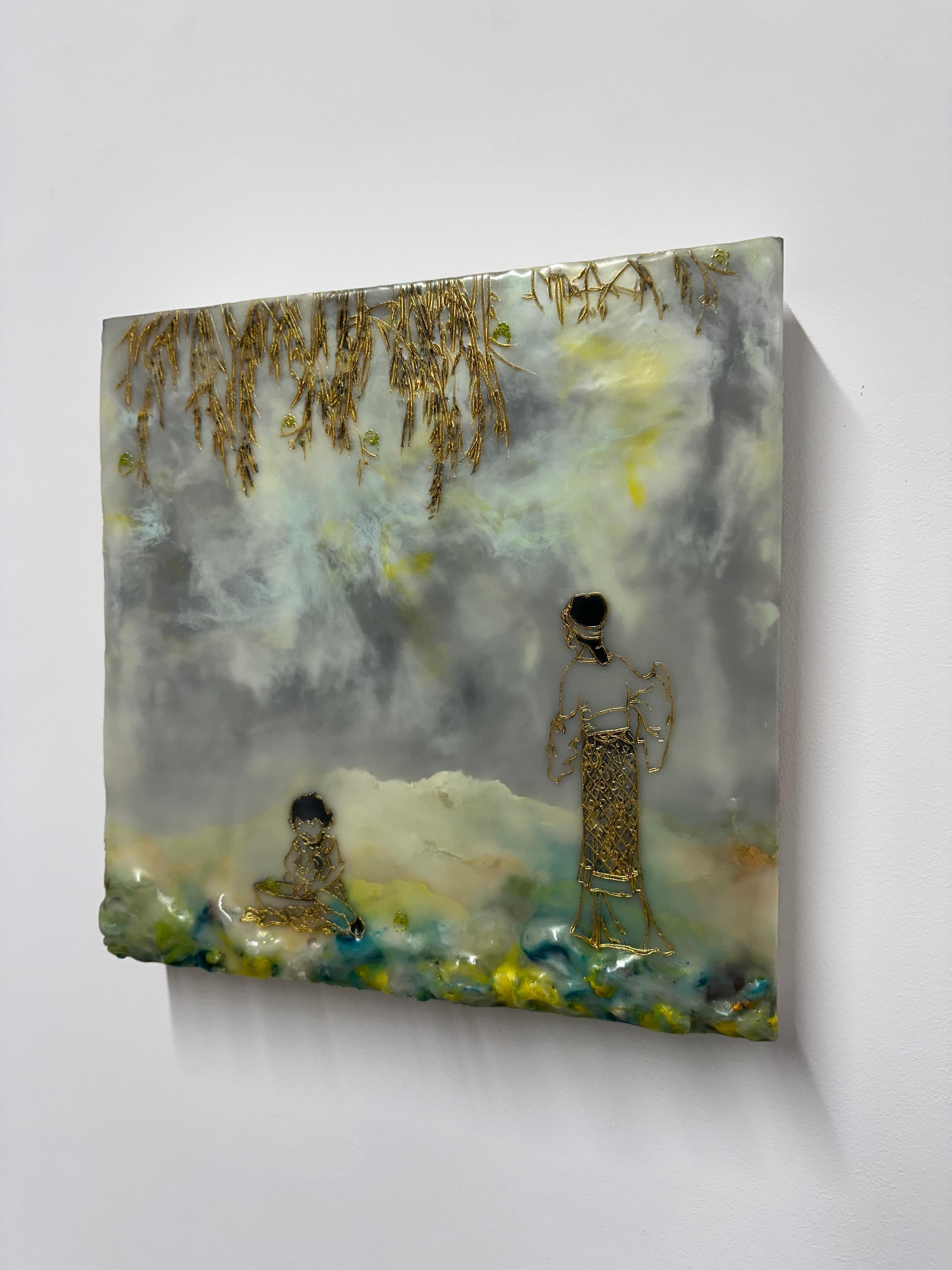 Amore per l'aiuto, Paesaggio ad encausto giallo grigio, figura femminile, bambino, albero 9