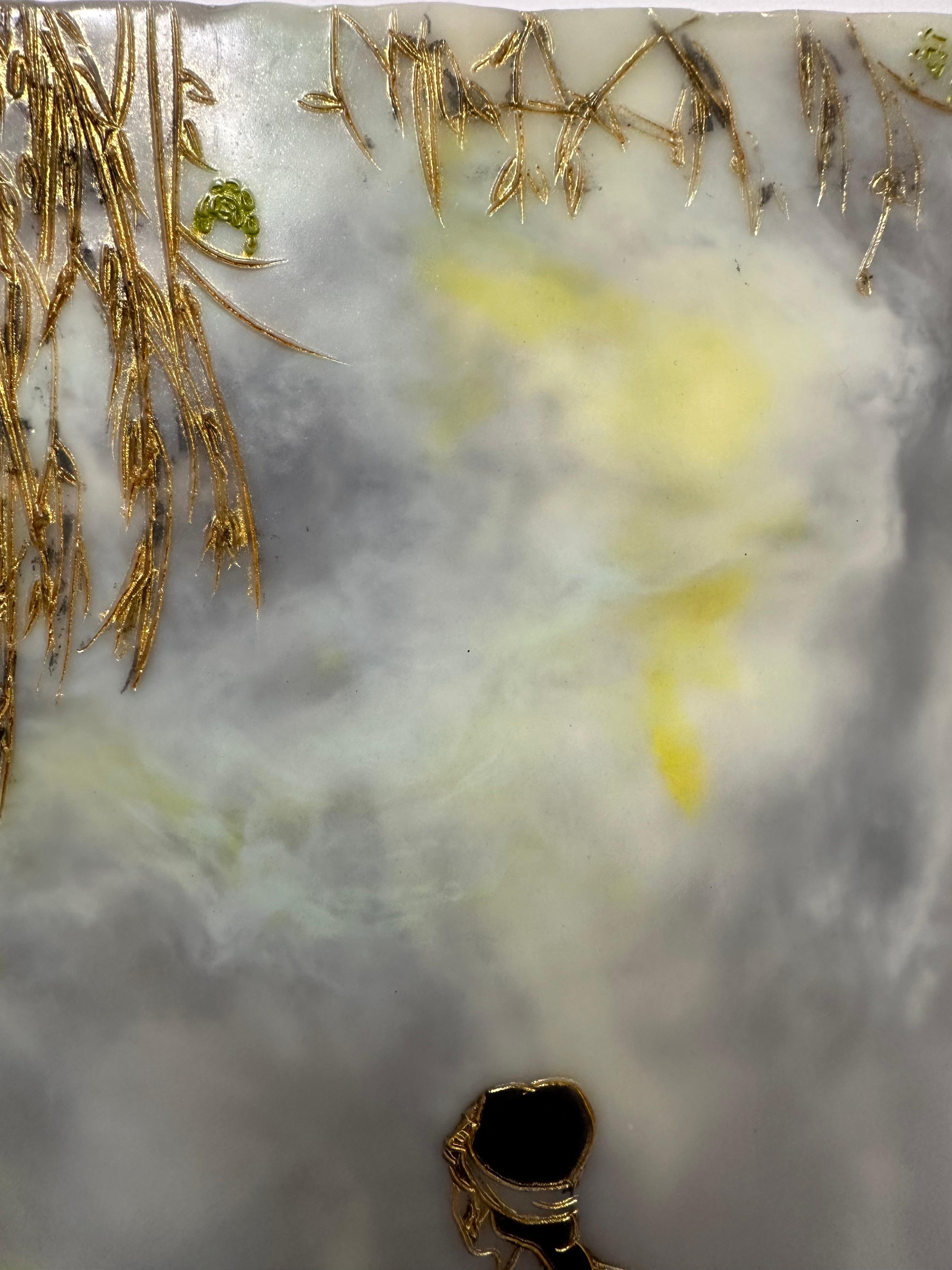 Amore per l'aiuto, Paesaggio ad encausto giallo grigio, figura femminile, bambino, albero 3