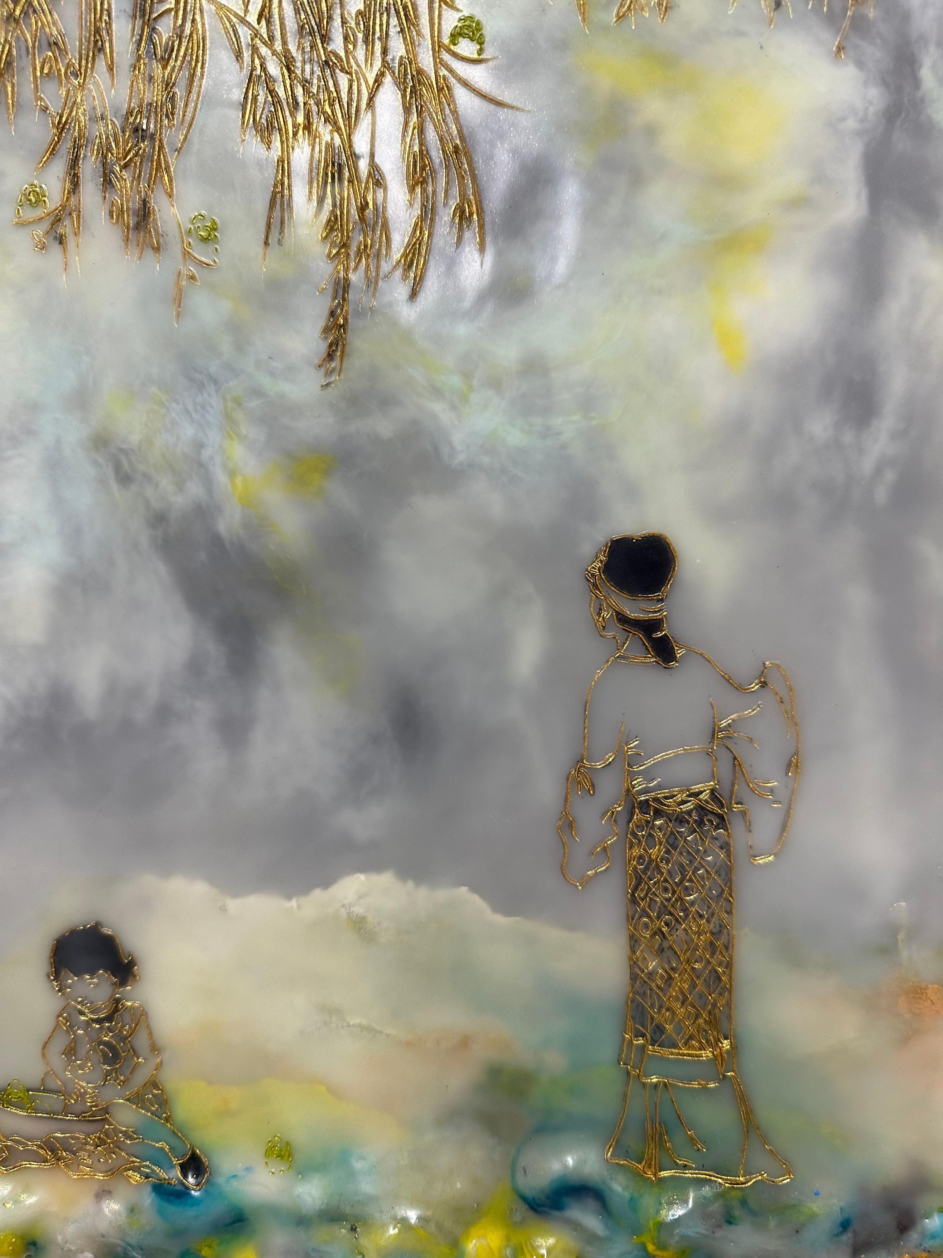Amore per l'aiuto, Paesaggio ad encausto giallo grigio, figura femminile, bambino, albero 4