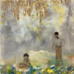 Amore per l'aiuto, Paesaggio ad encausto giallo grigio, figura femminile, bambino, albero