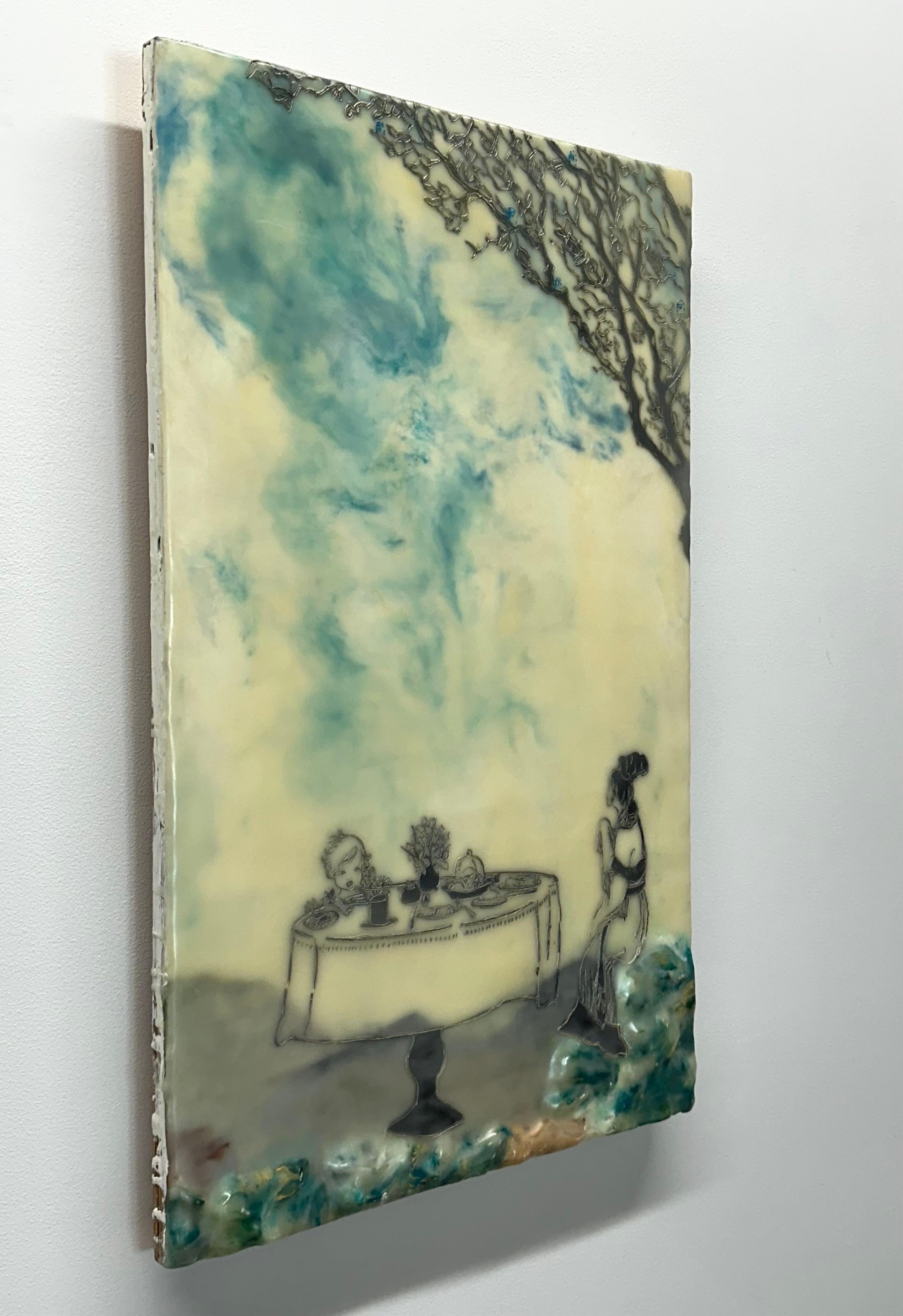 Making Room - Encáustica Paisaje Figura Mesa Niño Naturaleza muerta Árbol, 2016 - Painting Contemporáneo de Cecile Chong
