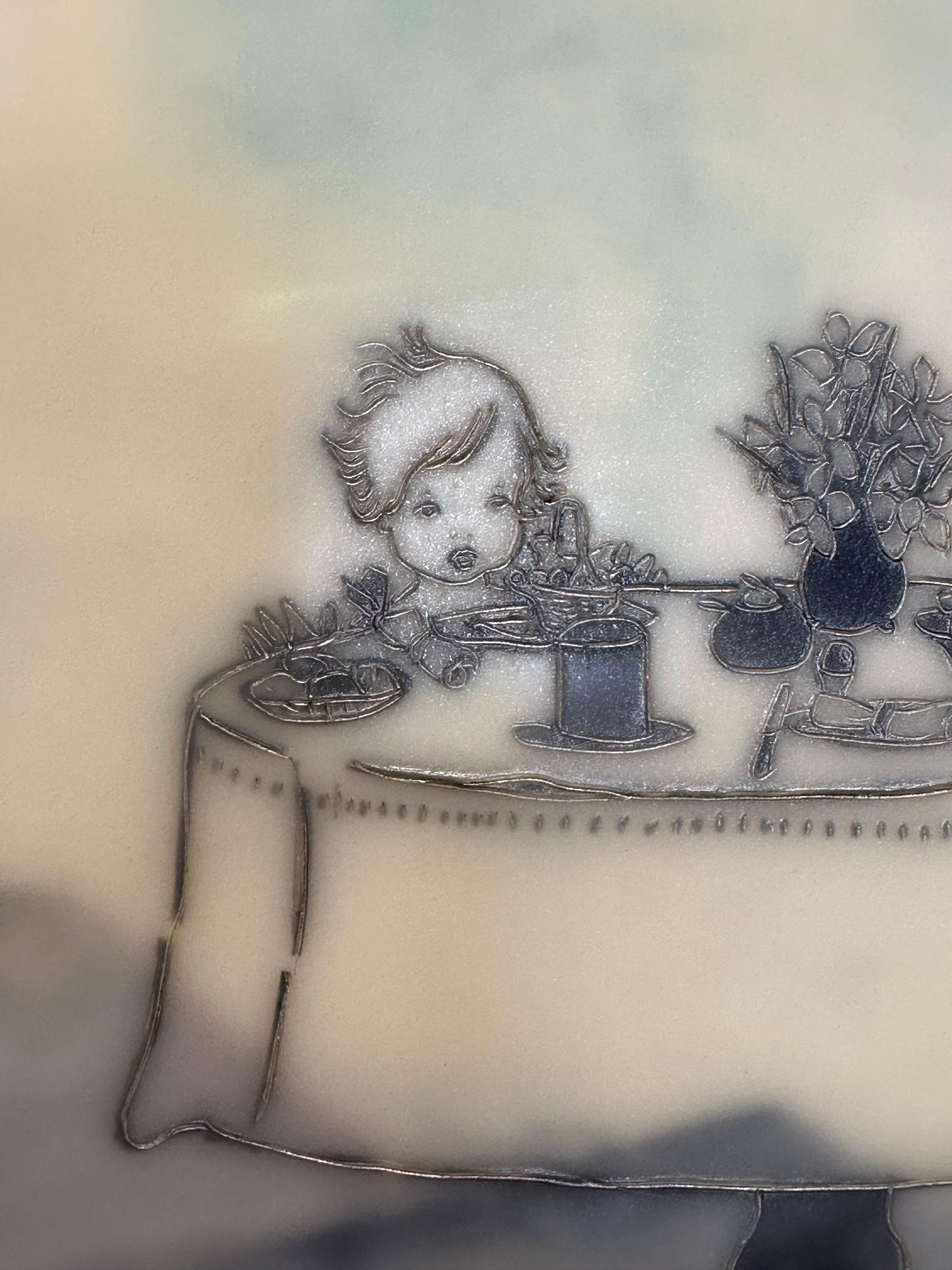 Making Room - Encáustica Paisaje Figura Mesa Niño Naturaleza muerta Árbol, 2016 - Figurative Painting Gris de Cecile Chong