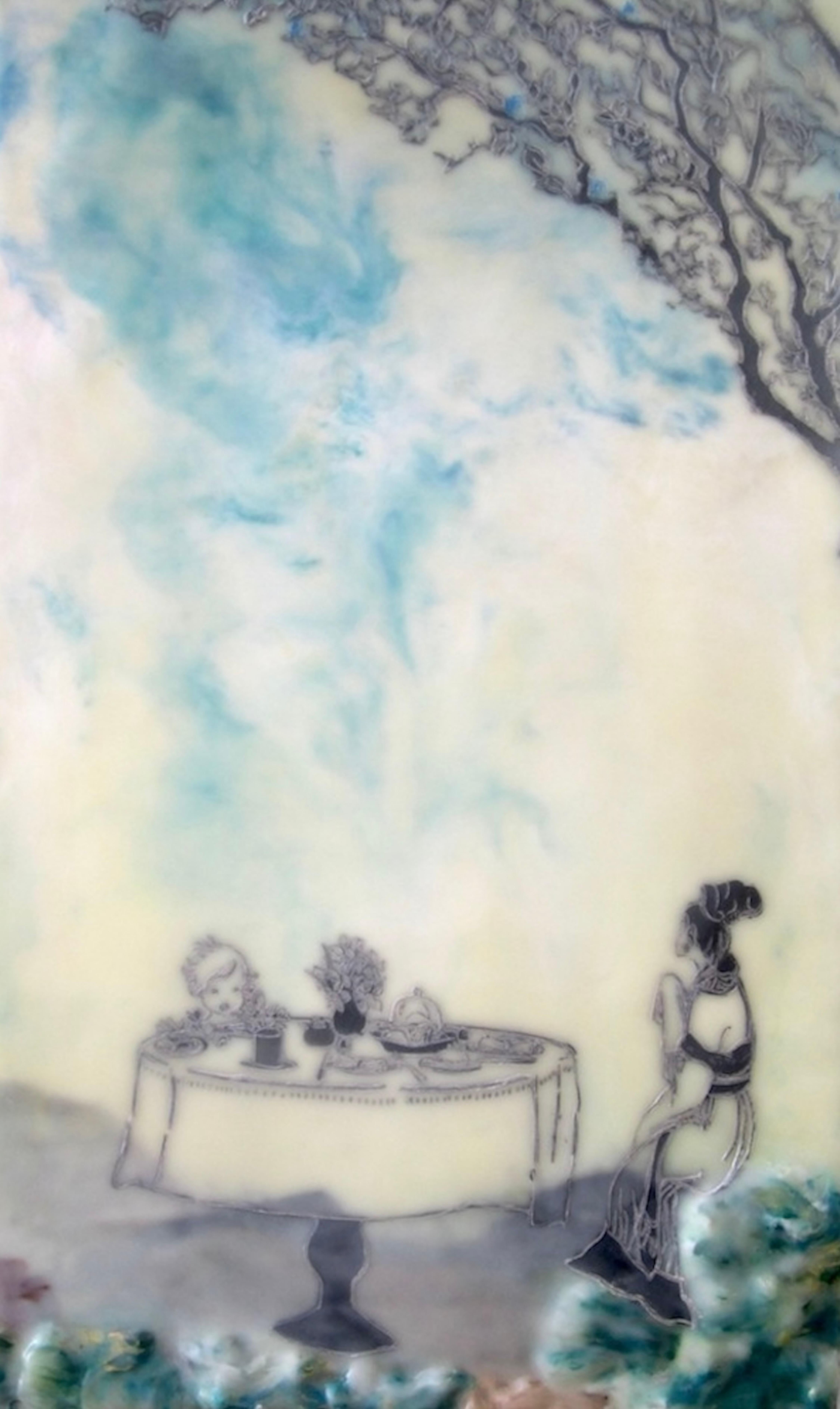 Cecile Chong Landscape Painting - Making Room - Encaustic Landscape Figure Child Table Still Life Tree, 2016