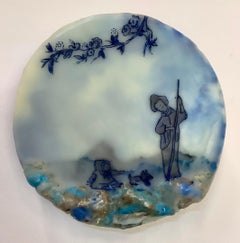 Mutual Friend, Circular Landscape Painting, Woman, Child, Dog in Blue and White