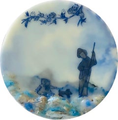 Mutual Friend, Circular Landscape Painting, Woman, Child, Dog in Blue and White