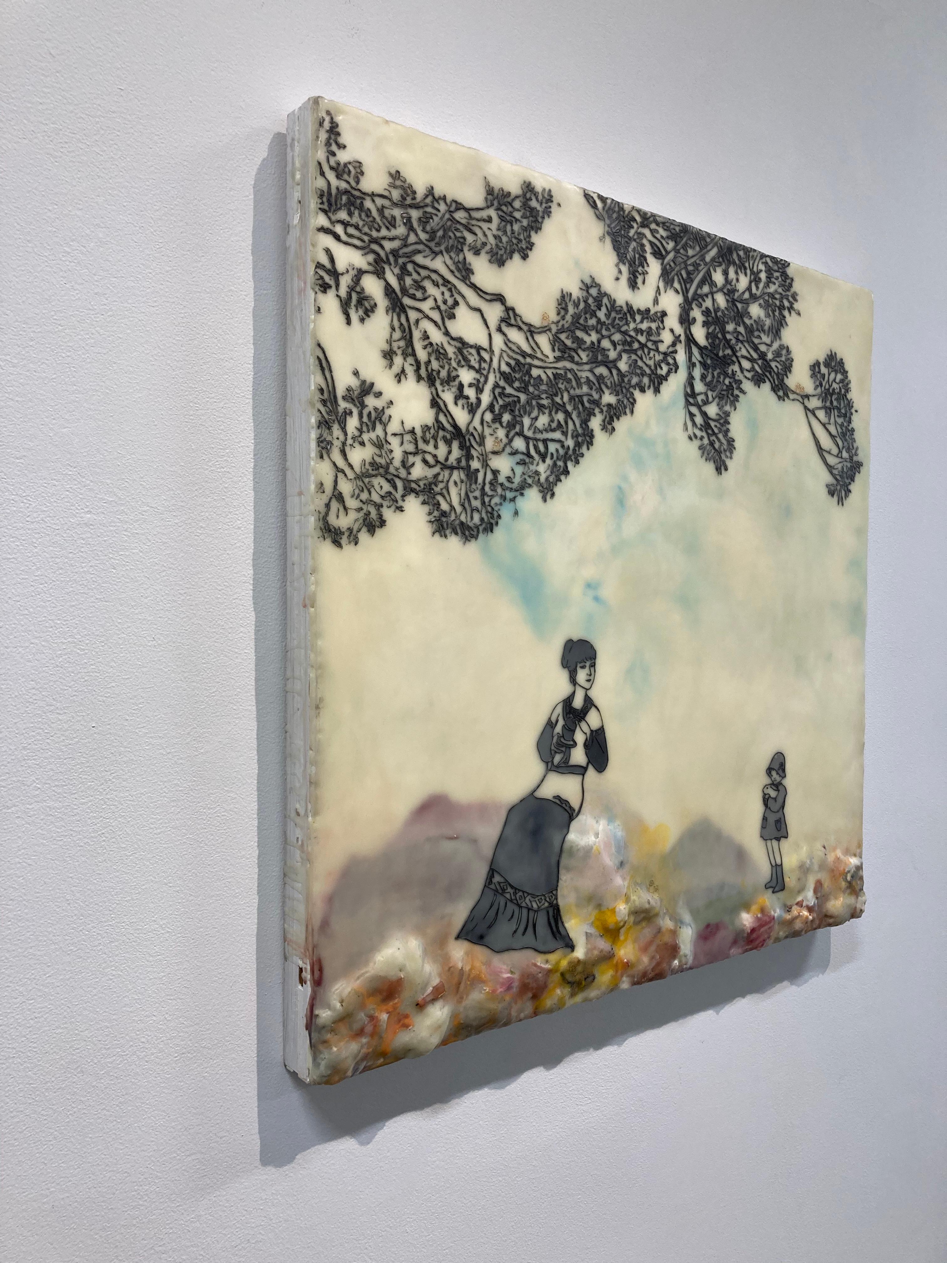 Open Seating - Encaustic Landscape Figures Mutter und Kind Blau Gelb, 2015 im Angebot 6